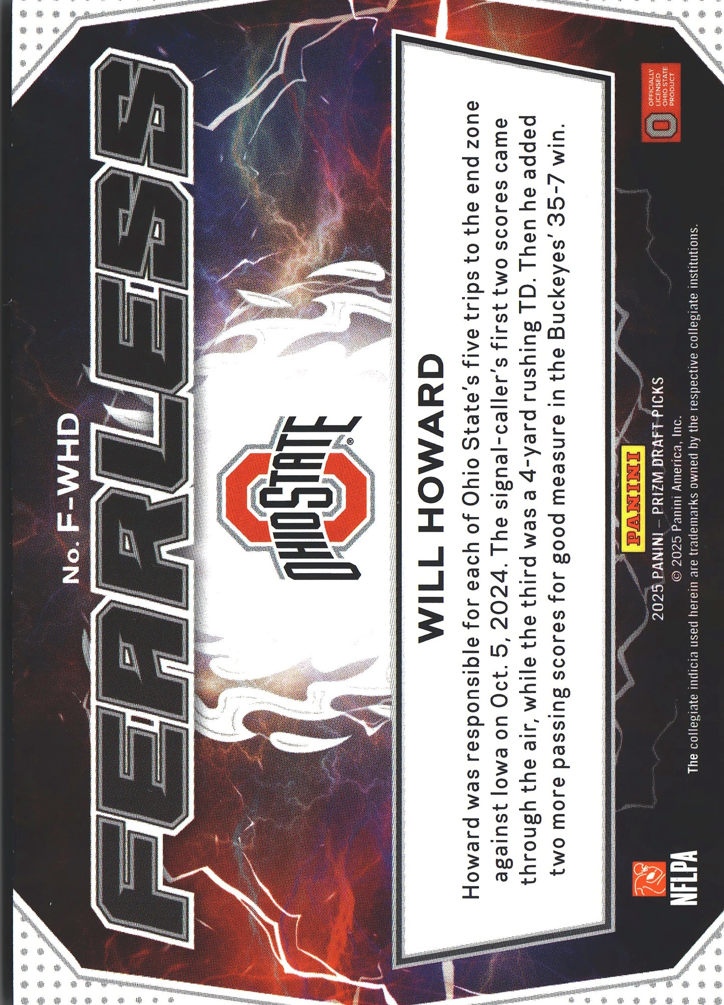 2025 Panini Prizm Draft Picks Fearless Will Howard #F-WHD Ohio State Buckeyes