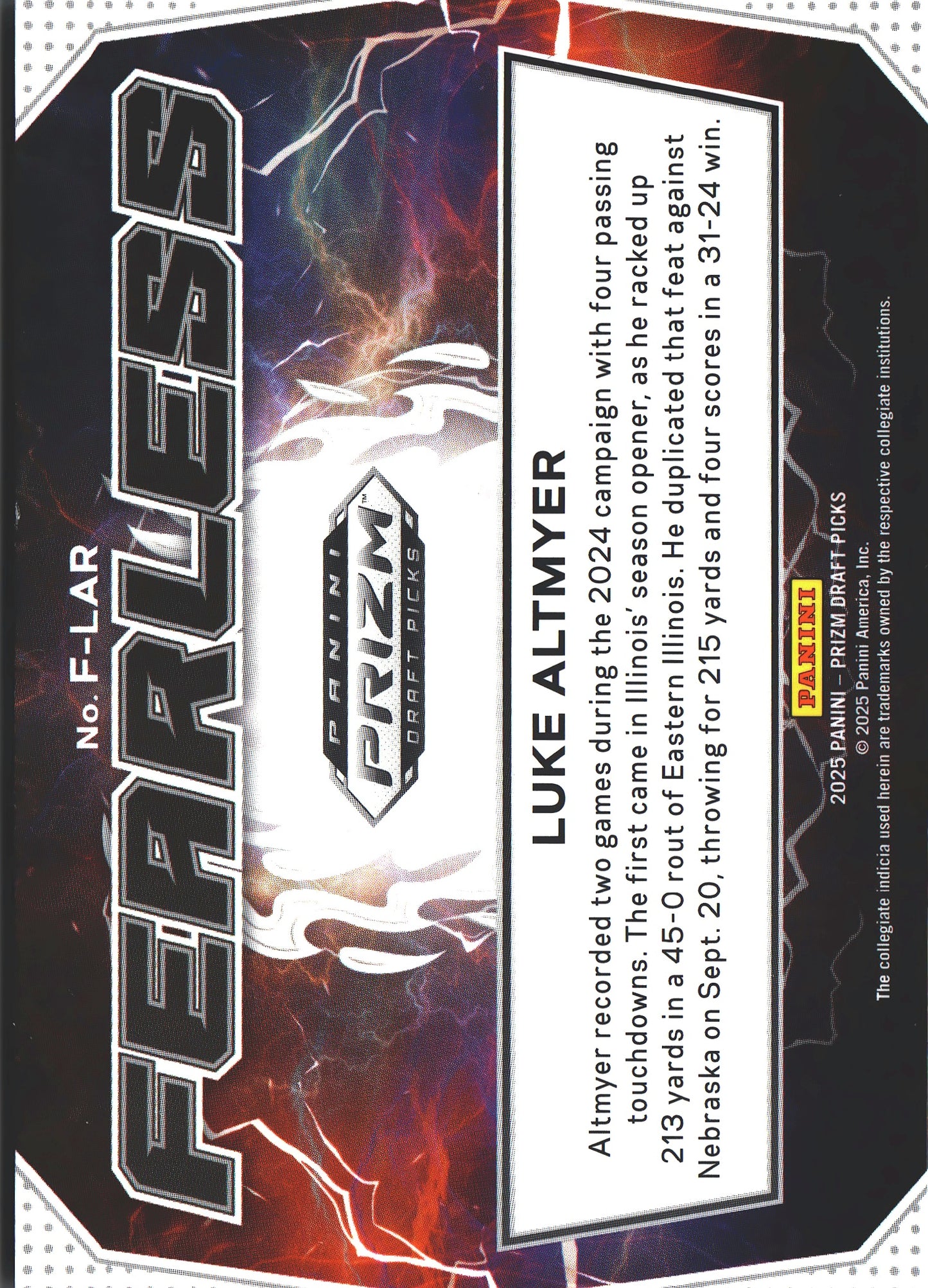 2025 Panini Prizm Draft Picks Fearless Luke Altmyer #F-LAR Illinois Fighting Illini