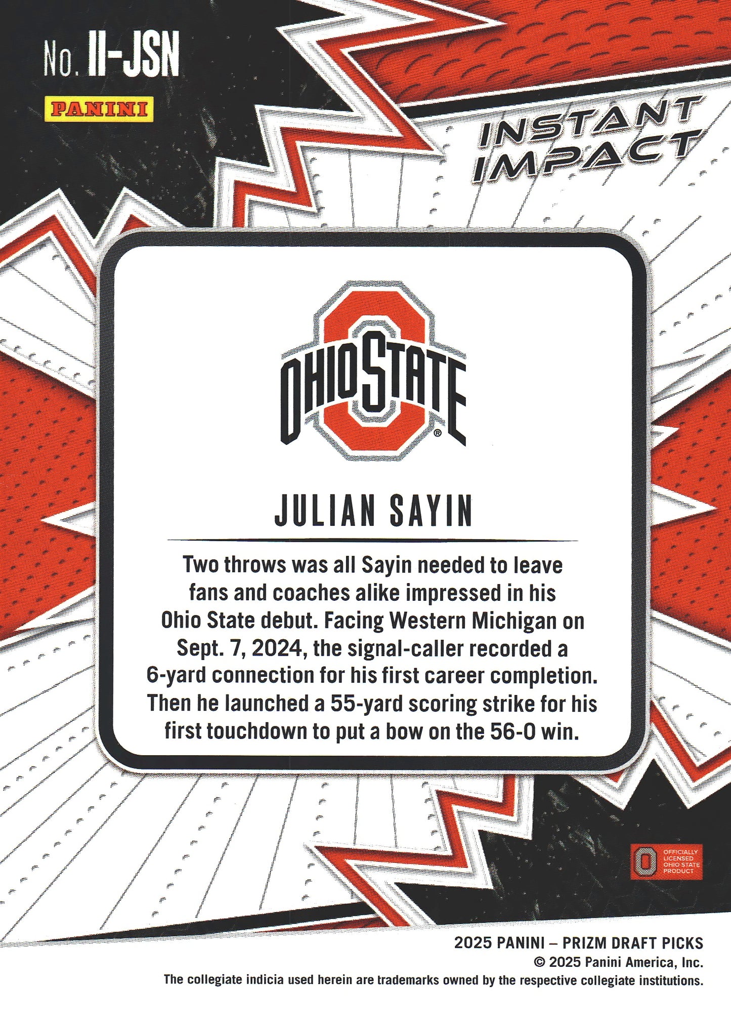 2025 Panini Prizm Draft Picks Instant Impact Julian Sayin #II-JSN Ohio State Buckeyes