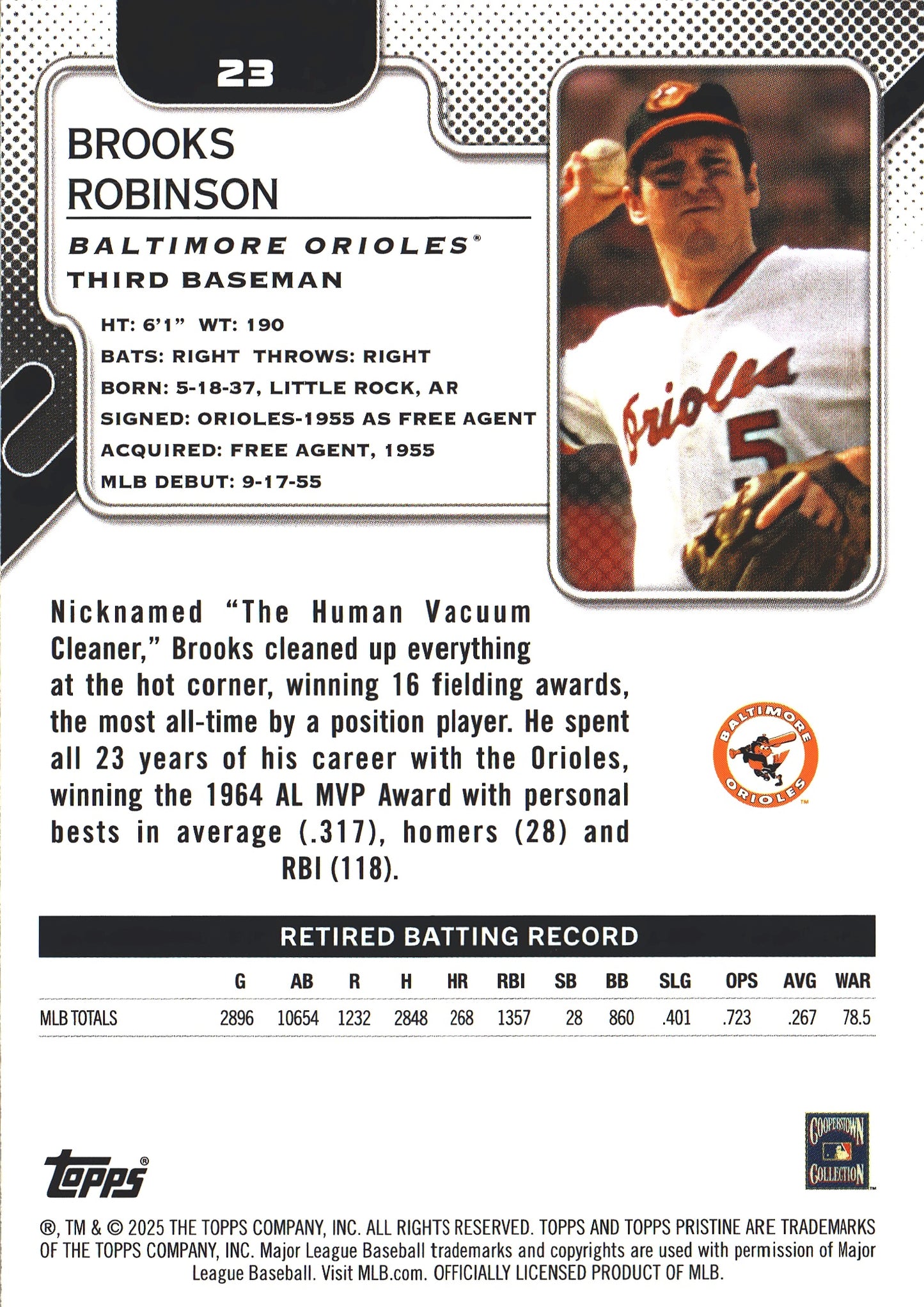 2025 Topps Pristine Brooks Robinson #23 Baltimore Orioles