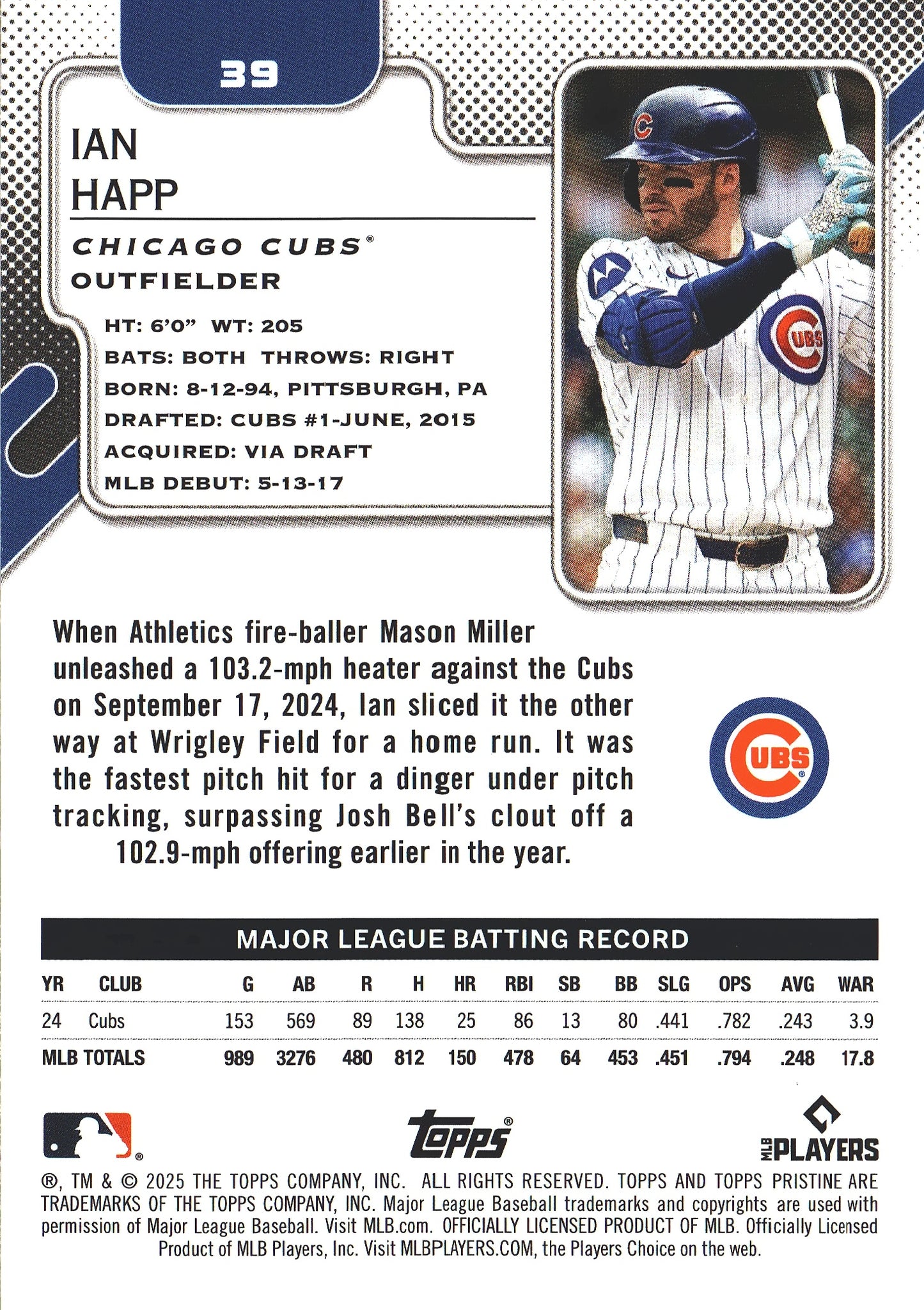 2025 Topps Pristine Ian Happ #39 Chicago Cubs