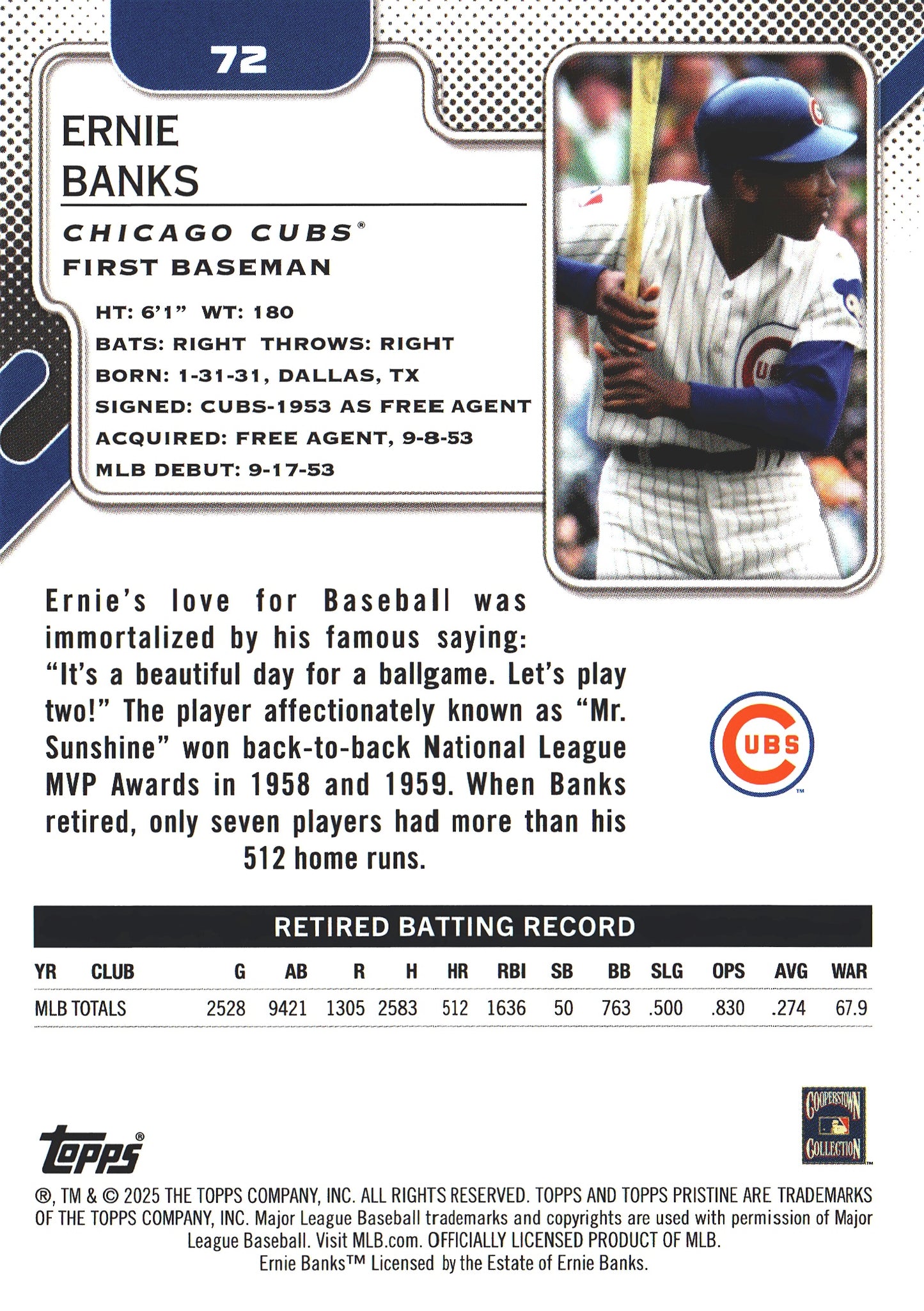 2025 Topps Pristine Ernie Banks #72 Chicago Cubs