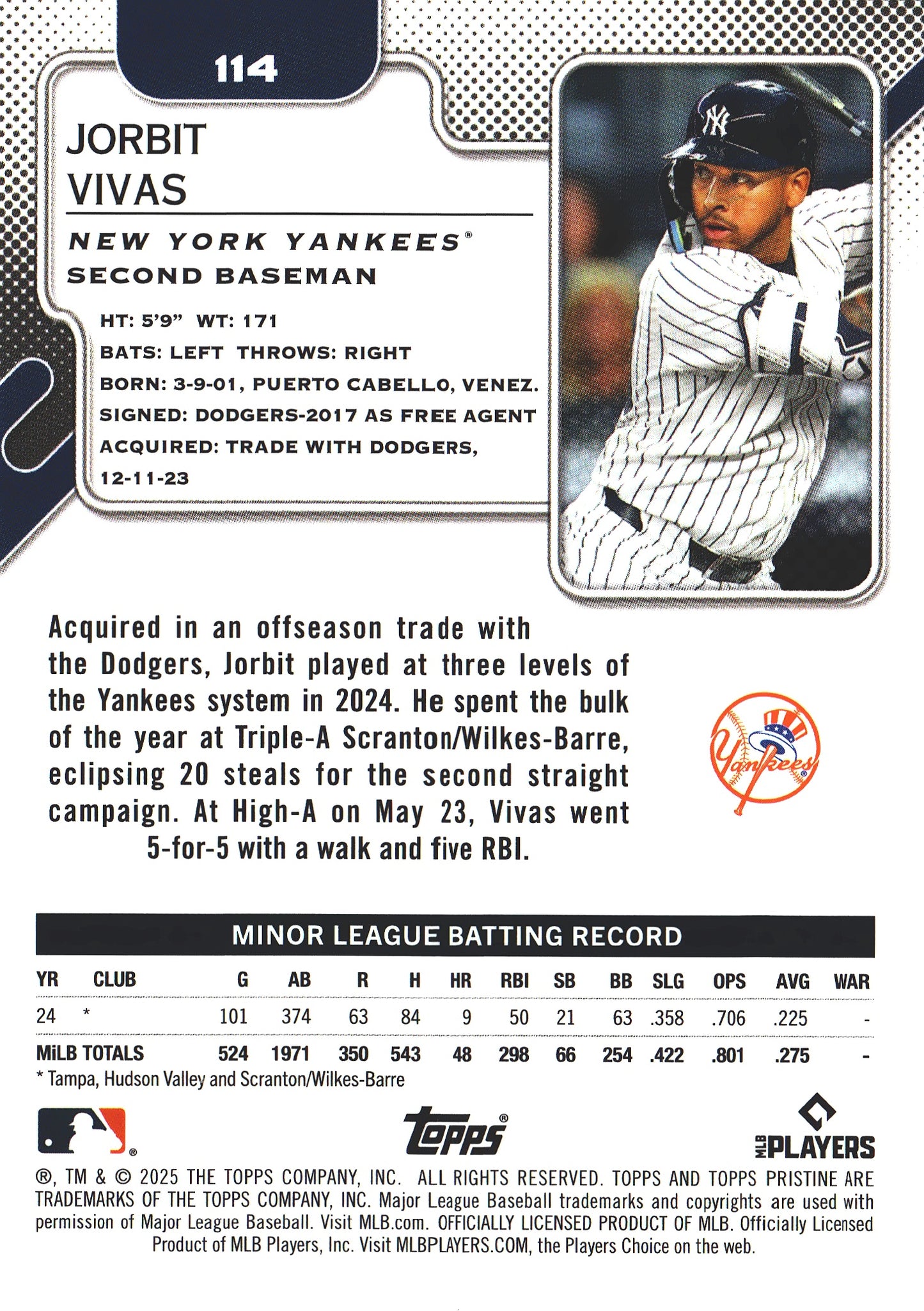 2025 Topps Pristine Jorbit Vivas RC #114 New York Yankees