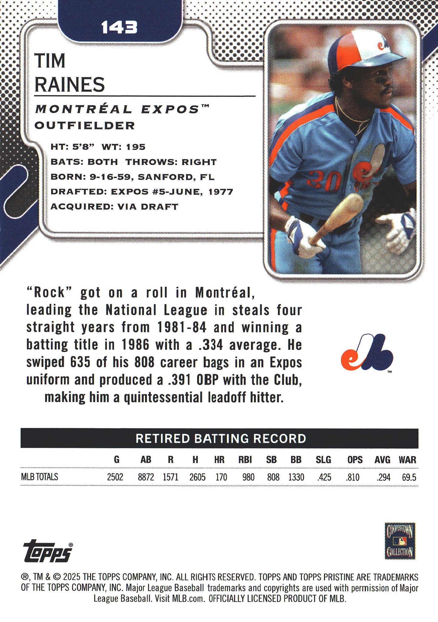 2025 Topps Pristine Tim Raines #143 Montreal Expos
