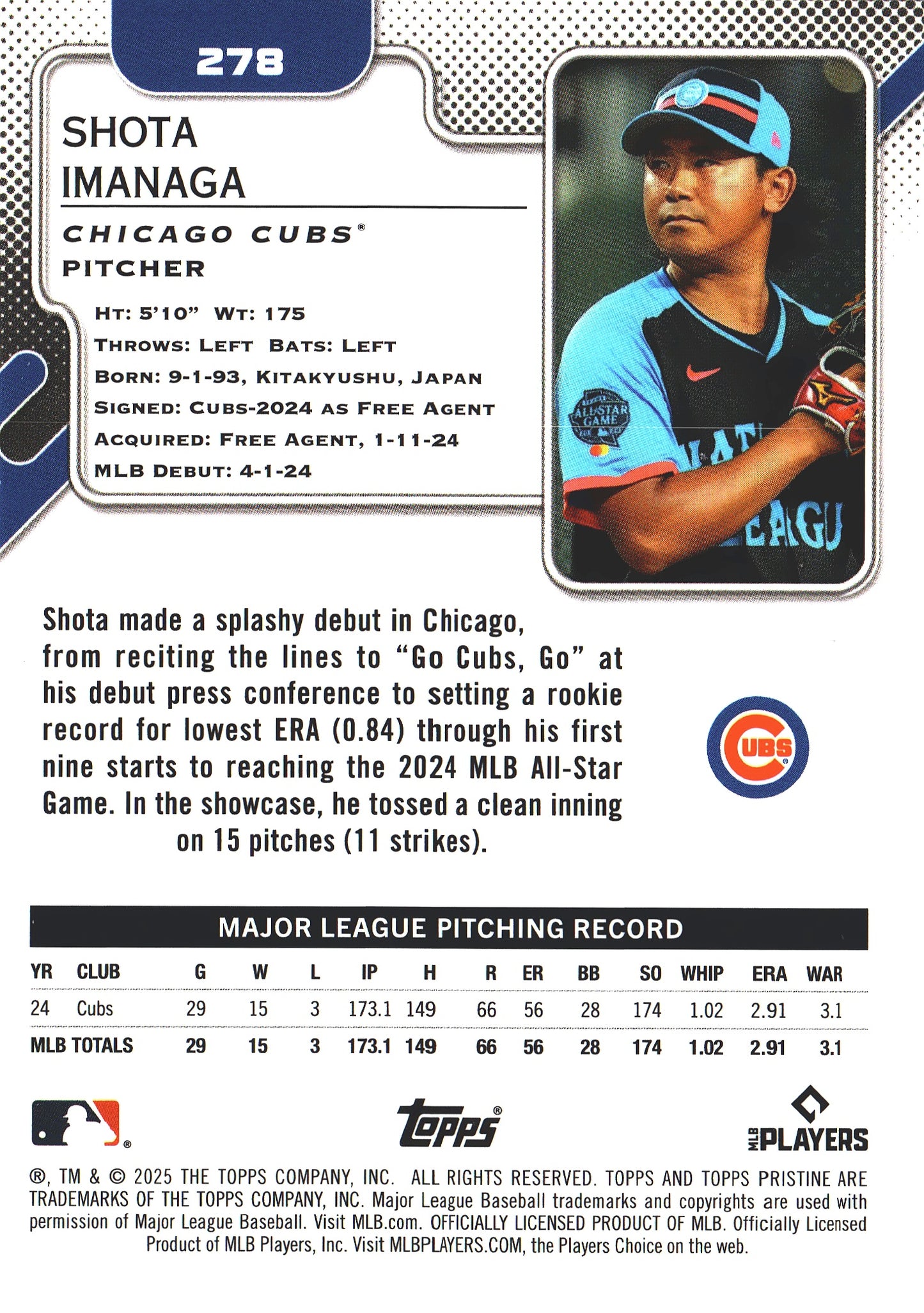 2025 Topps Pristine Shota Imanaga #278 Chicago Cubs