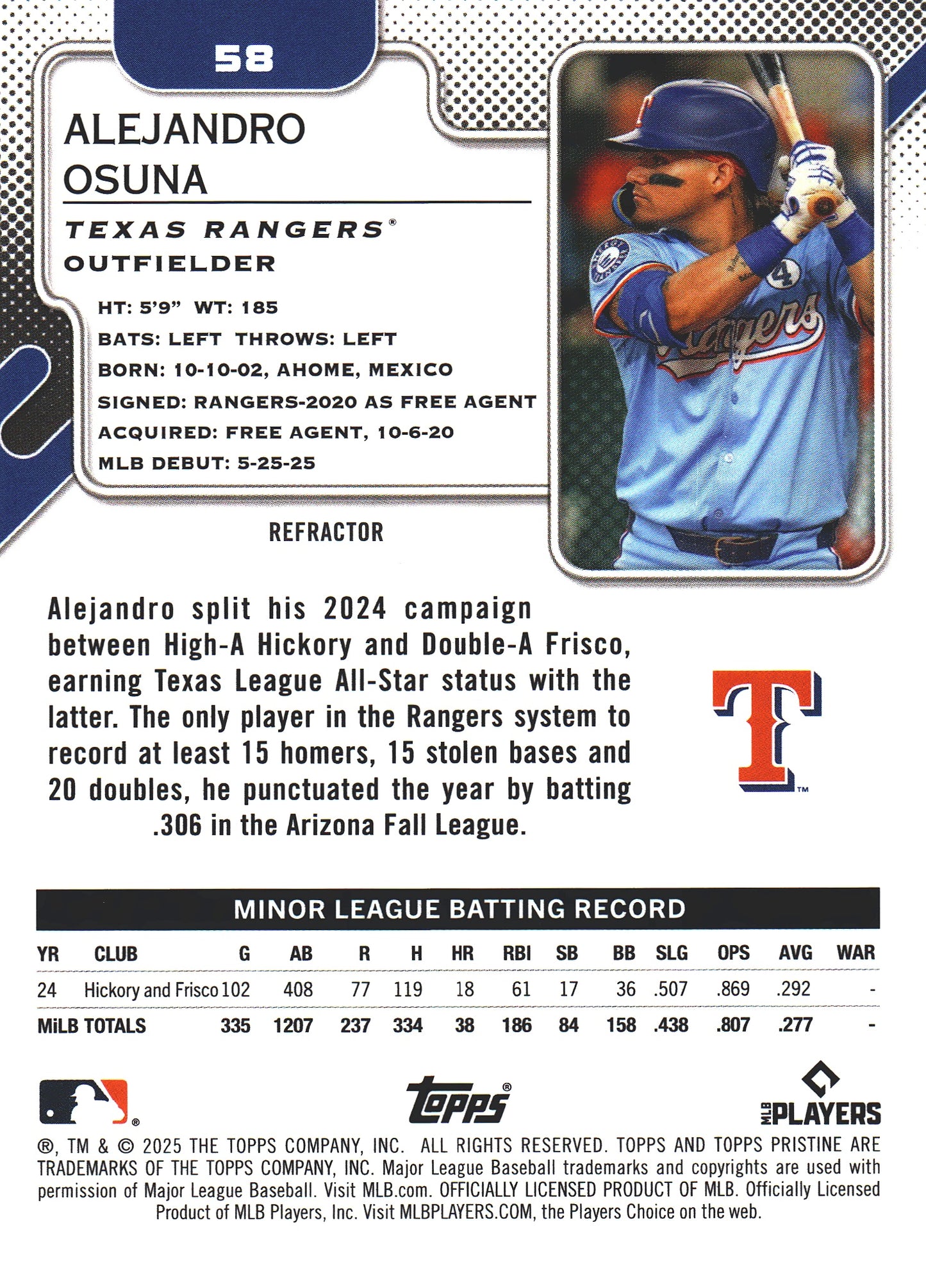 2025 Topps Pristine Refractor Alejandro Osuna RC #58 Texas Rangers