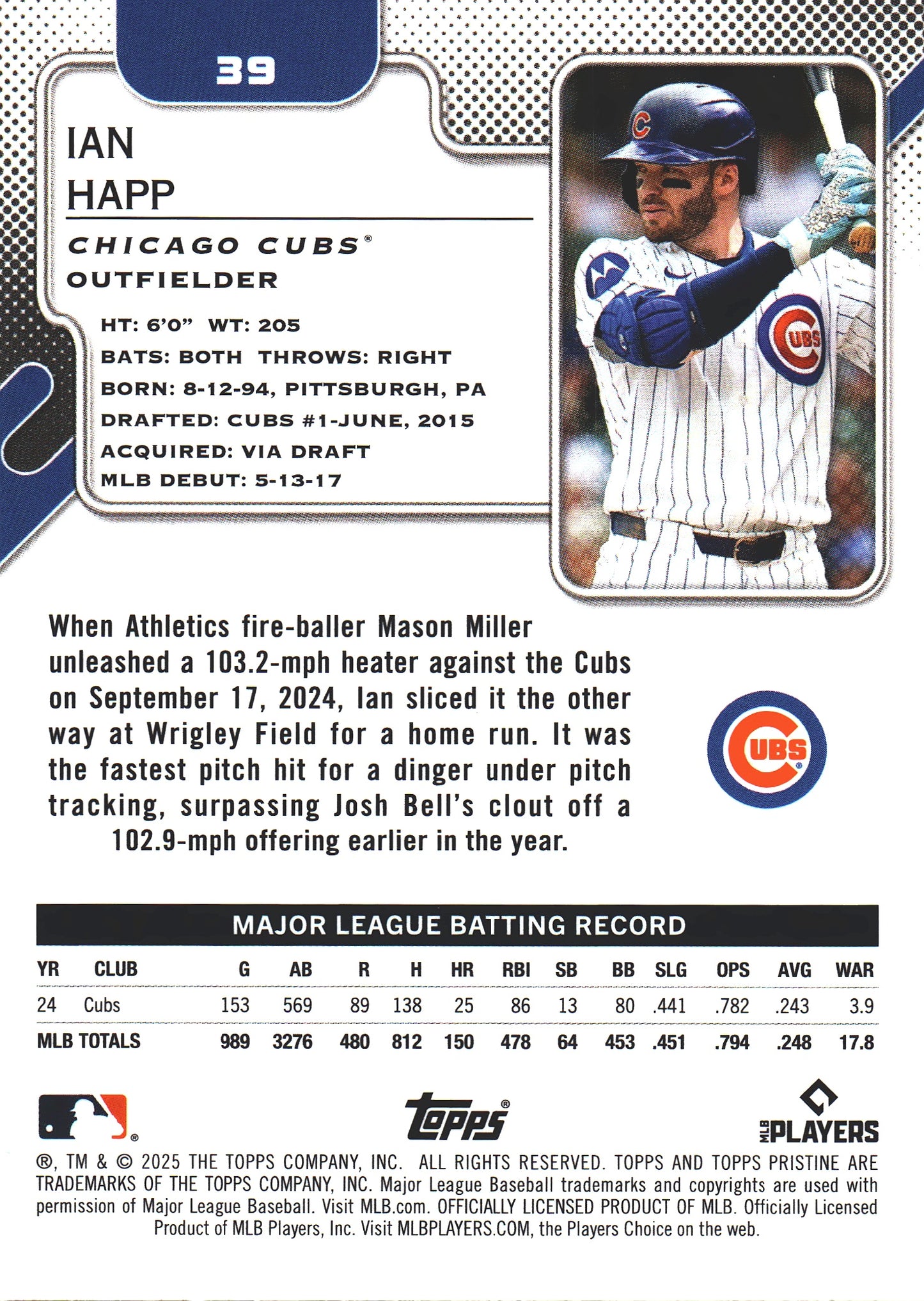 2025 Topps Pristine Aqua Refractor /199 Ian Happ #39 Chicago Cubs