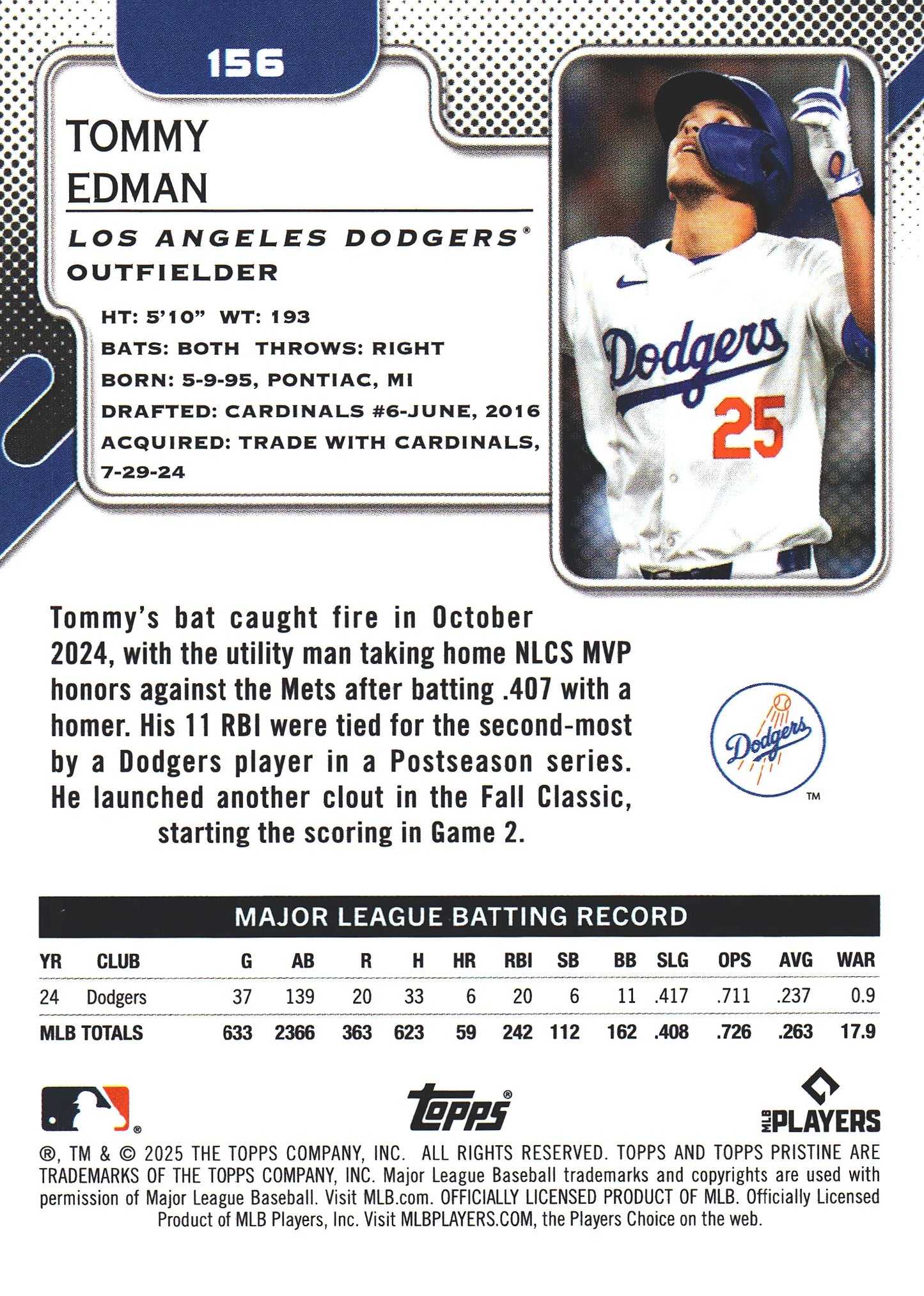 2025 Topps Pristine Aqua Refractor /199 Tommy Edman #156 Los Angeles Dodgers