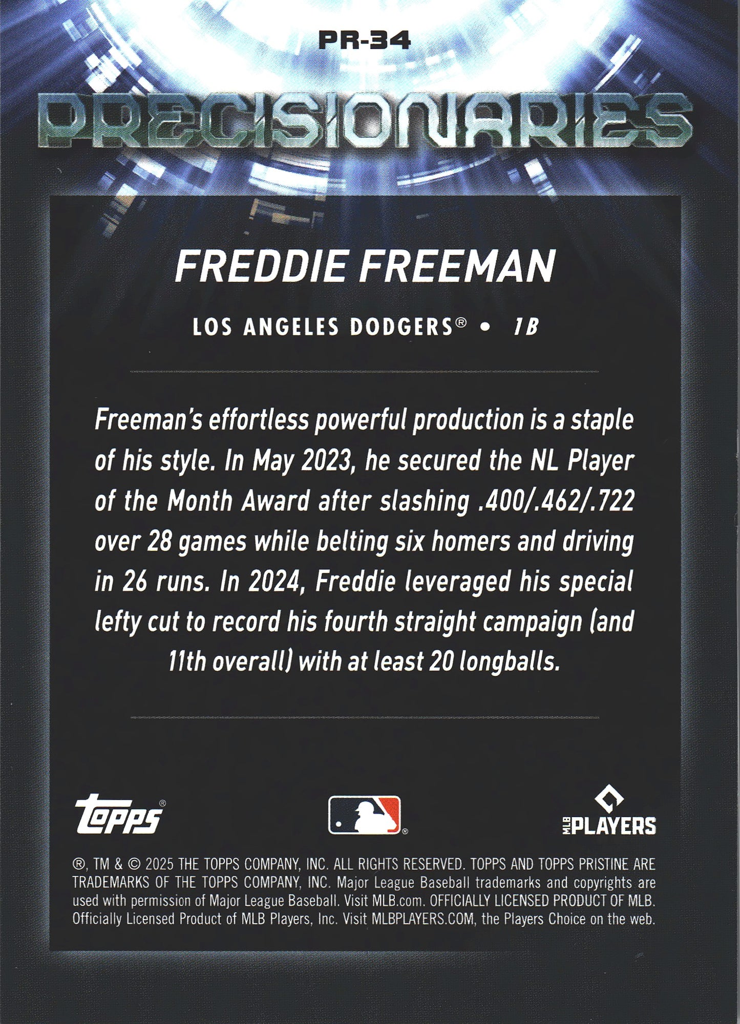 2025 Topps Pristine Precisionaries Gold Refractor /50 Freddie Freeman #PR-34 Los Angeles Dodgers