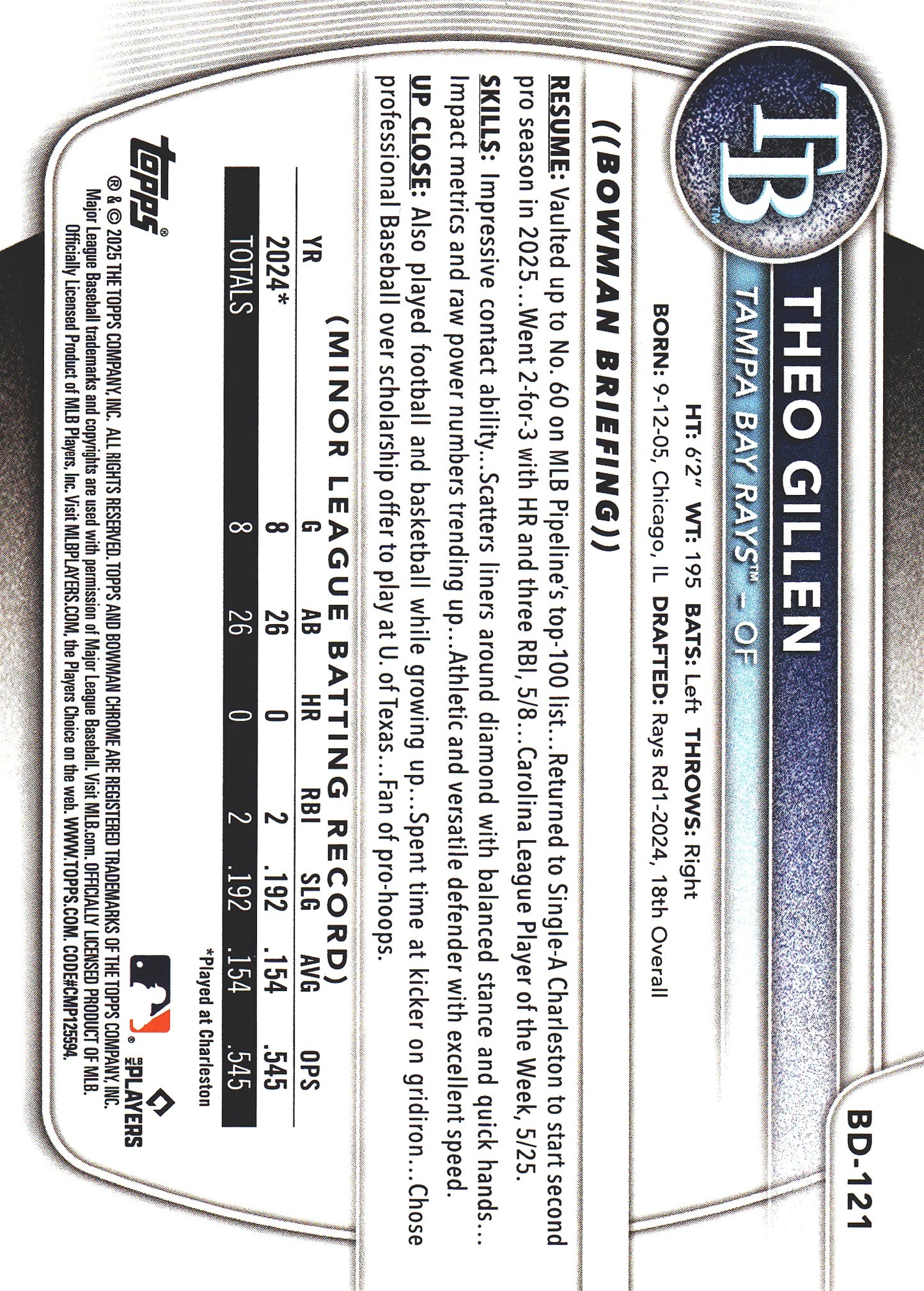 2025 Topps Bowman Draft Sky Blue /499 Theo Gillen #BD-121 Tampa Bay Rays