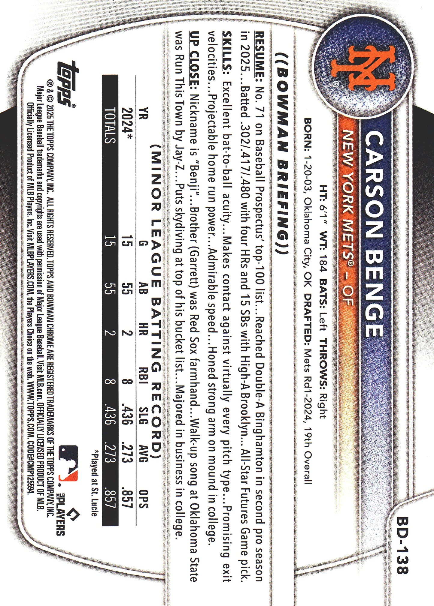 2025 Topps Bowman Draft Sky Blue /499 Carson Benge #BD-138 New York Mets