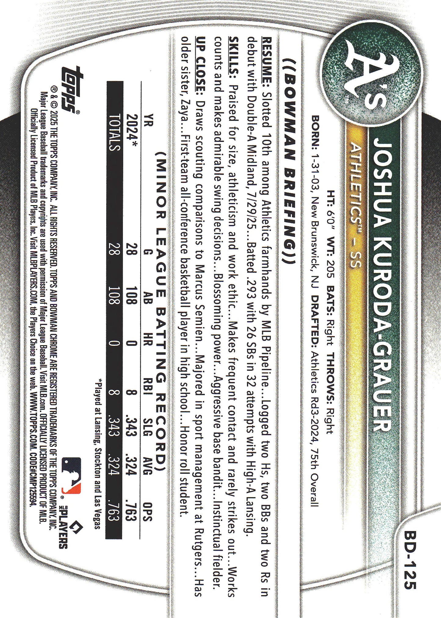 2025 Topps Bowman Draft Blue /150 Joshua Kuroda-Grauer #BD-125 Athletics