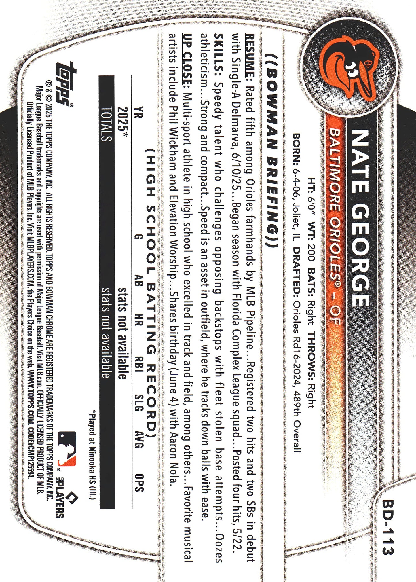 2025 Topps Bowman Draft Gold /50 Nate George #BD-113 Baltimore Orioles
