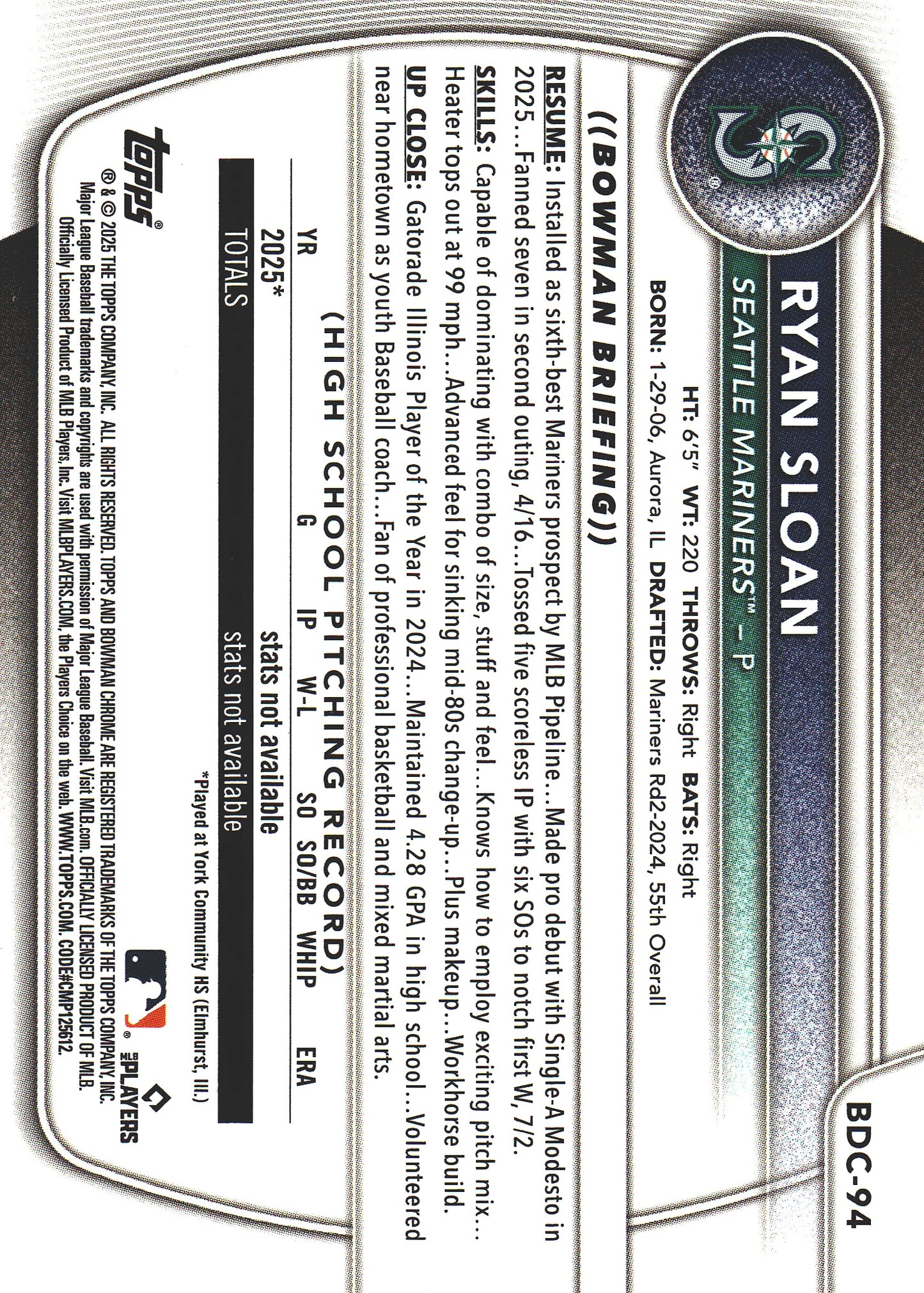 2025 Topps Bowman Draft Chrome Purple /250 Ryan Sloan #BDC-94 Seattle Mariners