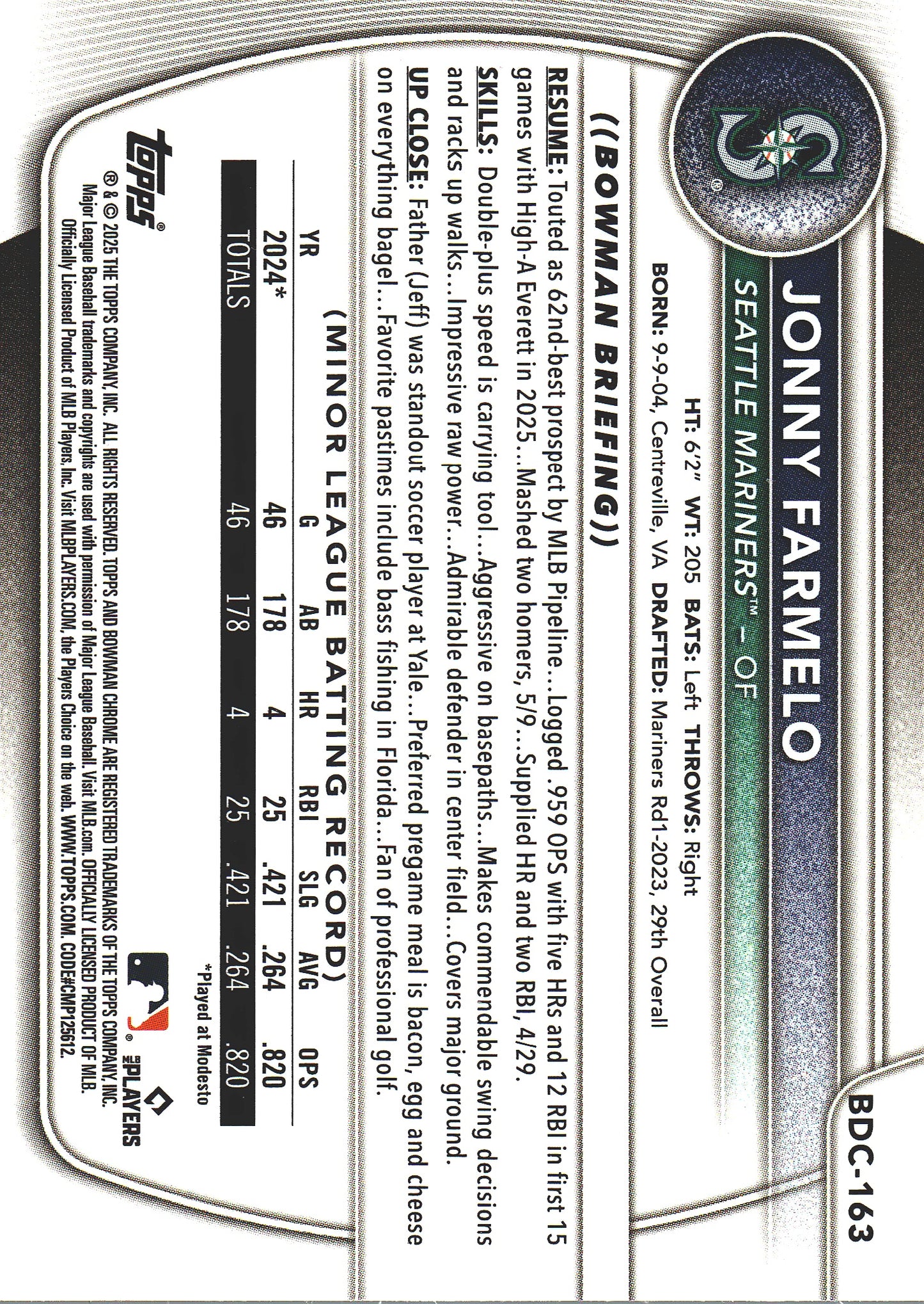 2025 Topps Bowman Draft Chrome Purple /250 Jonny Farmelo #BDC-163 Seattle Mariners