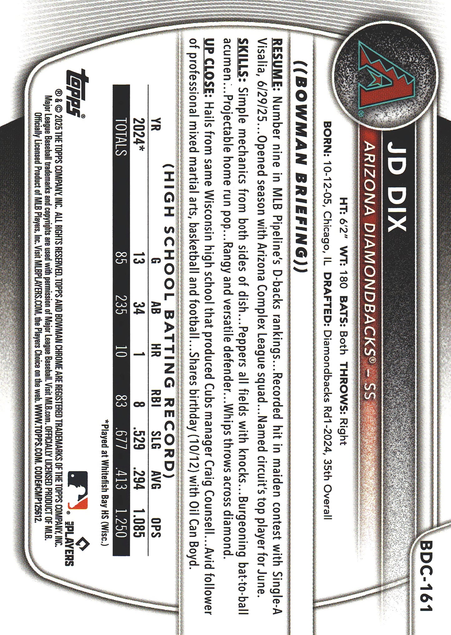 2025 Topps Bowman Draft Chrome Fuchsia Reptilian /199 JD Dix #BDC-161 Arizona Diamondbacks