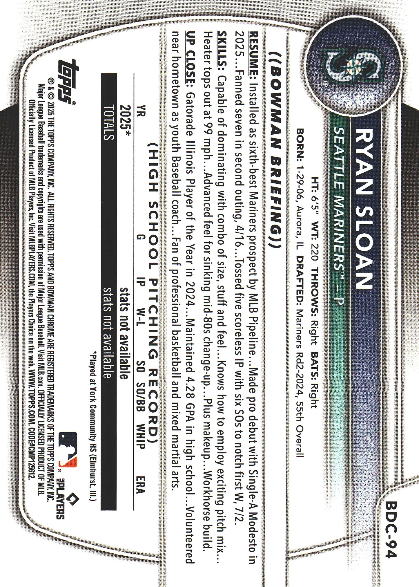 2025 Topps Bowman Draft Chrome Blue /150 Ryan Sloan #BDC-94 Seattle Mariners