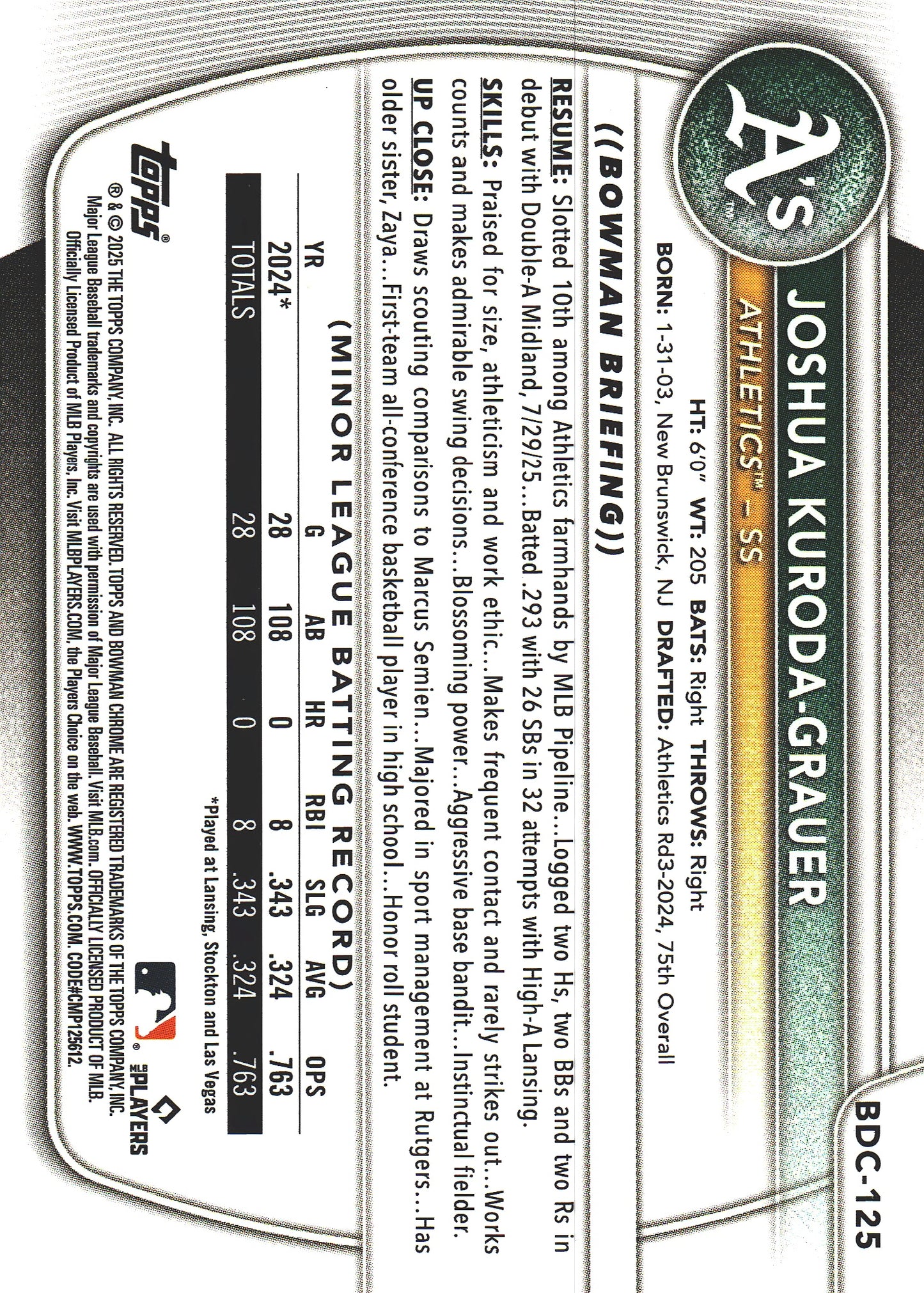 2025 Topps Bowman Draft Chrome Blue /150 Joshua Kuroda-Grauer #BDC-125 Athletics