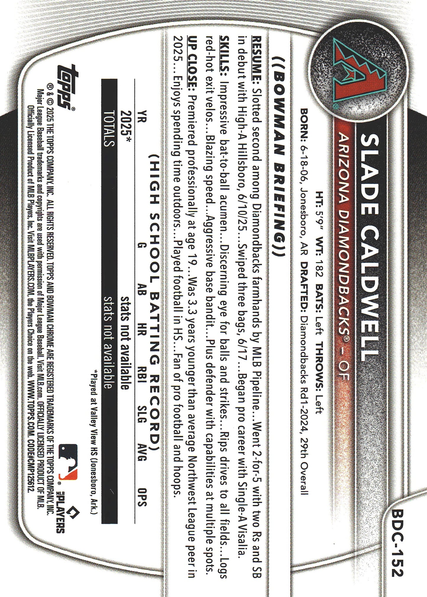 2025 Topps Bowman Draft Chrome Steel Metal /100 Slade Caldwell #BDC-152 Arizona Diamondbacks