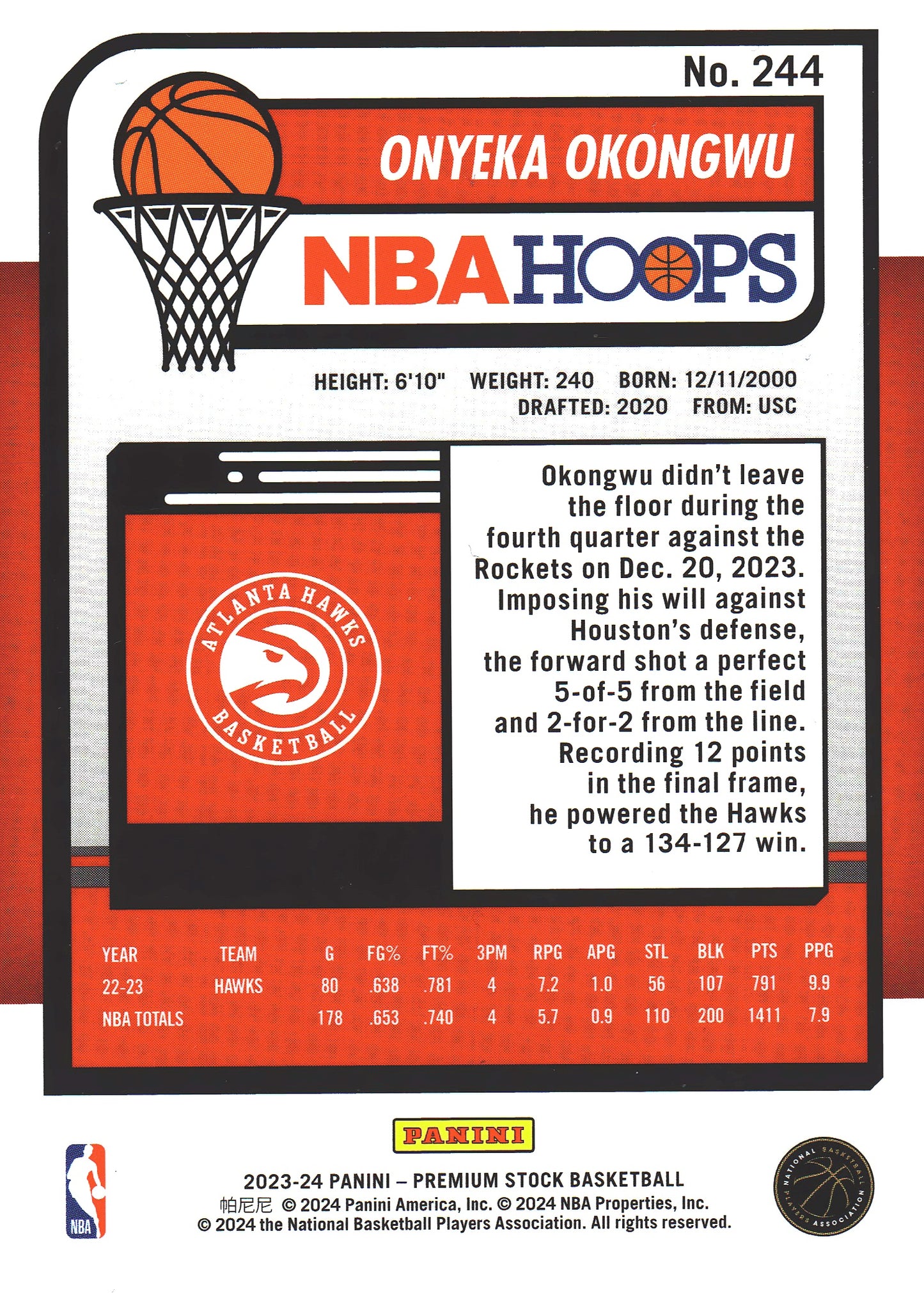 2023 Panini Premium Stock Onyeka Okongwu #244 Atlanta Hawks