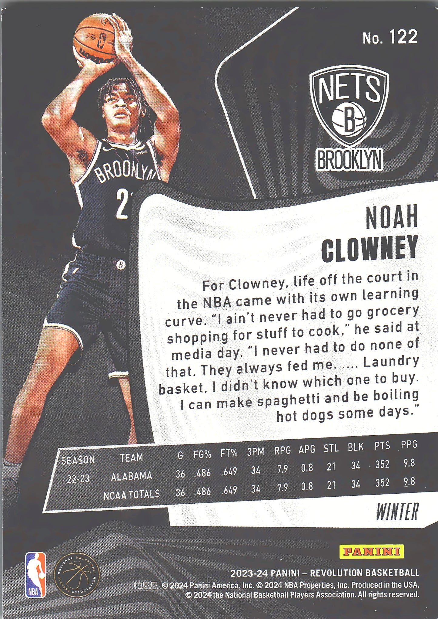 2023 Panini Revolution Winter RC Noah Clowney #122 Brooklyn Nets
