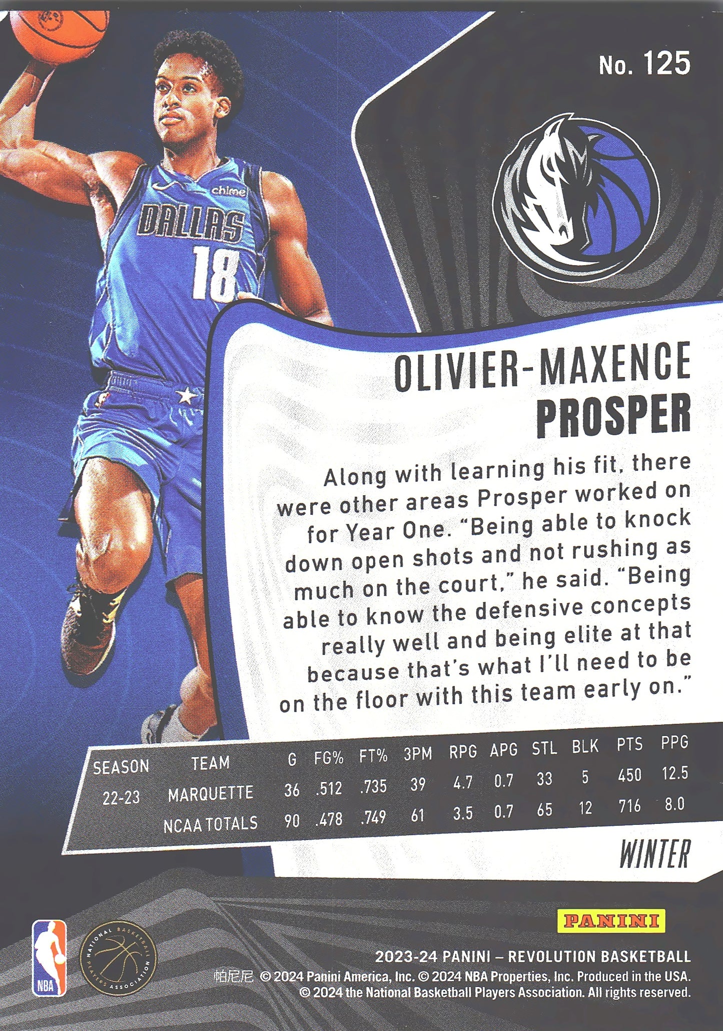 2023 Panini Revolution Winter RC Olivier-Maxence Prosper #125 Dallas Mavericks