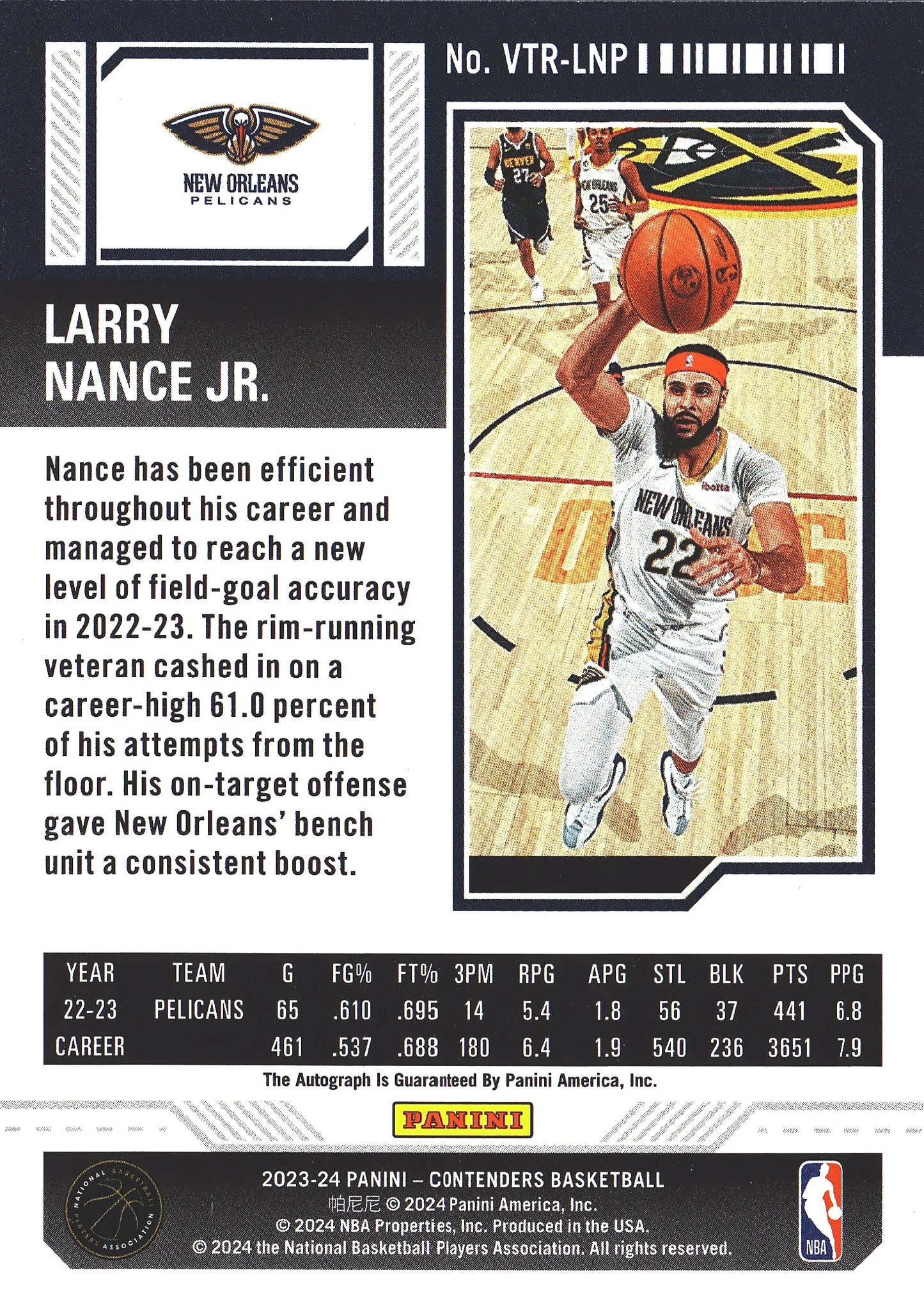 2023 Panini Contenders Veteran Autograph Larry Nance Jr. #VTR-LNP New Orleans Pelicans