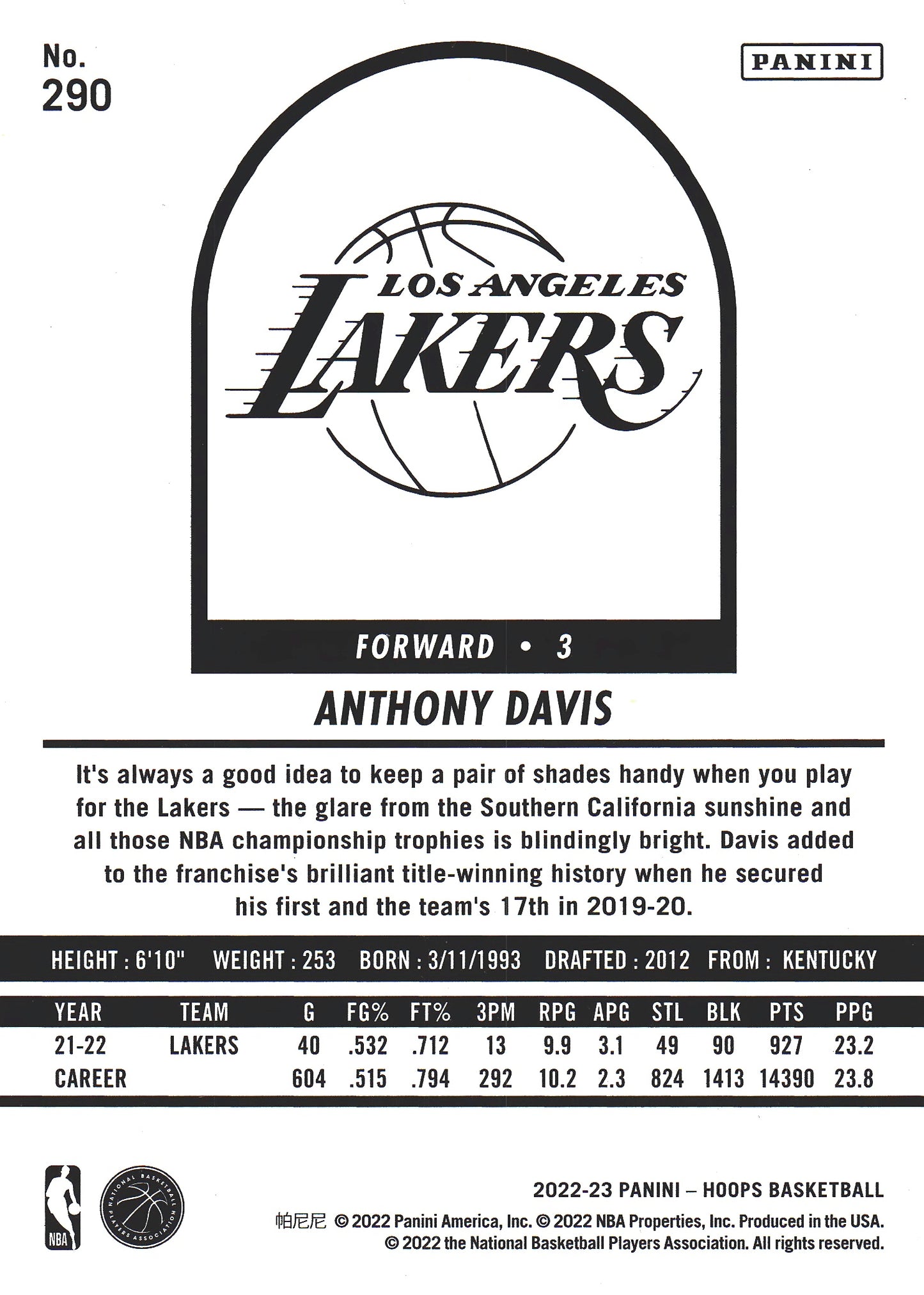 2022 Panini Hoops Tribute Anthony Davis #290 Los Angeles Lakers