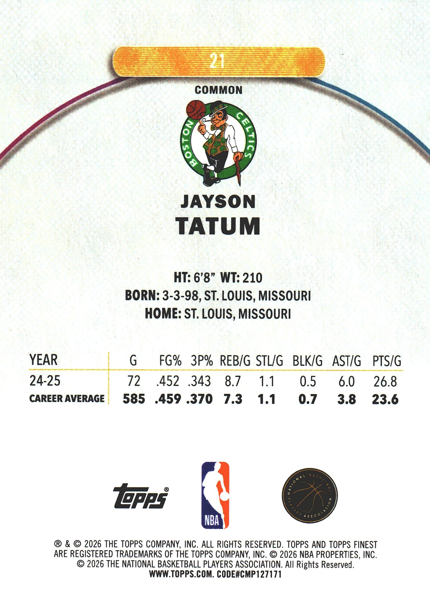 2025 Topps Finest NBA Jayson Tatum #21 Boston Celtics