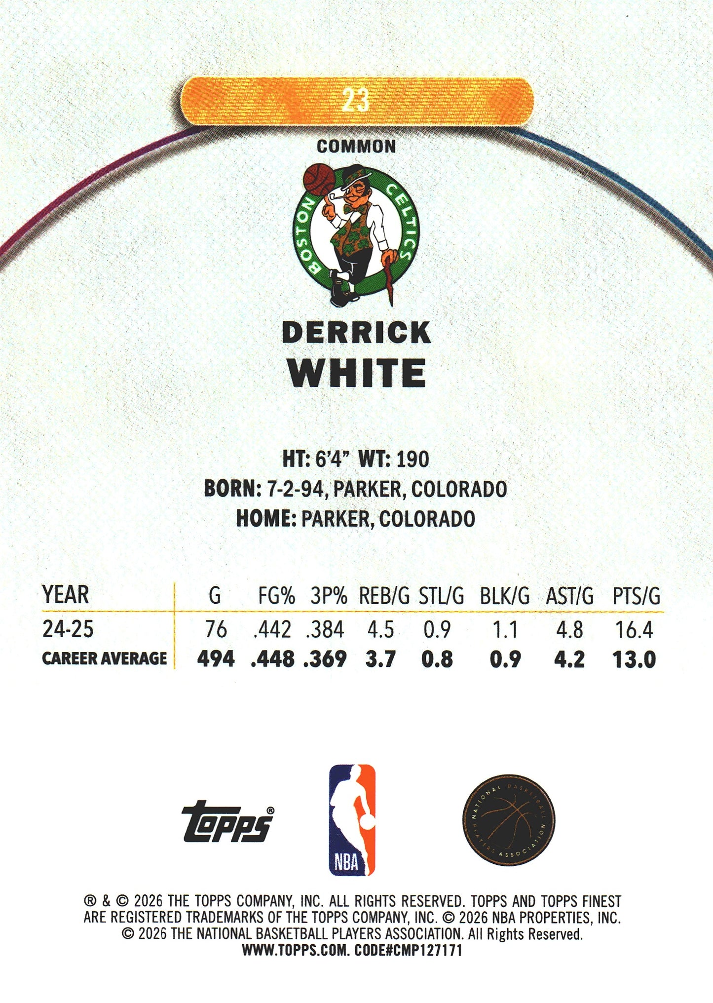 2025 Topps Finest NBA Derrick White #23 Boston Celtics