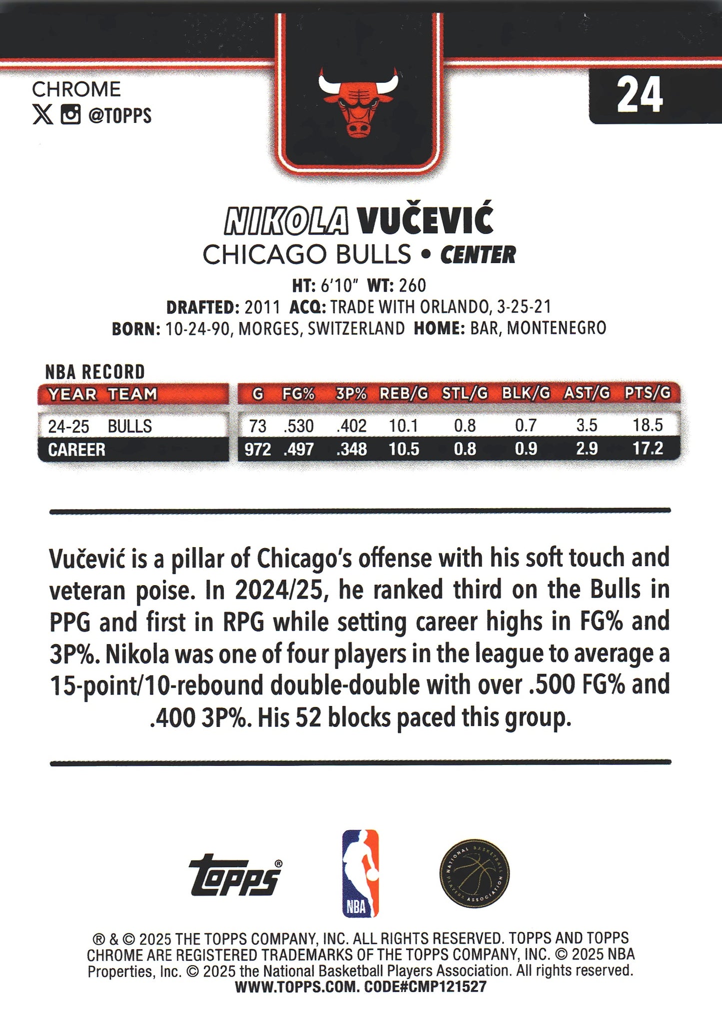 2025 Topps Chrome NBA Blue /150 Nikola Vucevic #24 Chicago Bulls