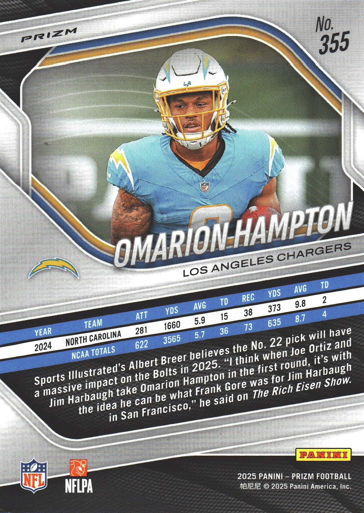 2025 Panini Prizm Silver Omarion Hampton RC #355 Los Angeles Chargers