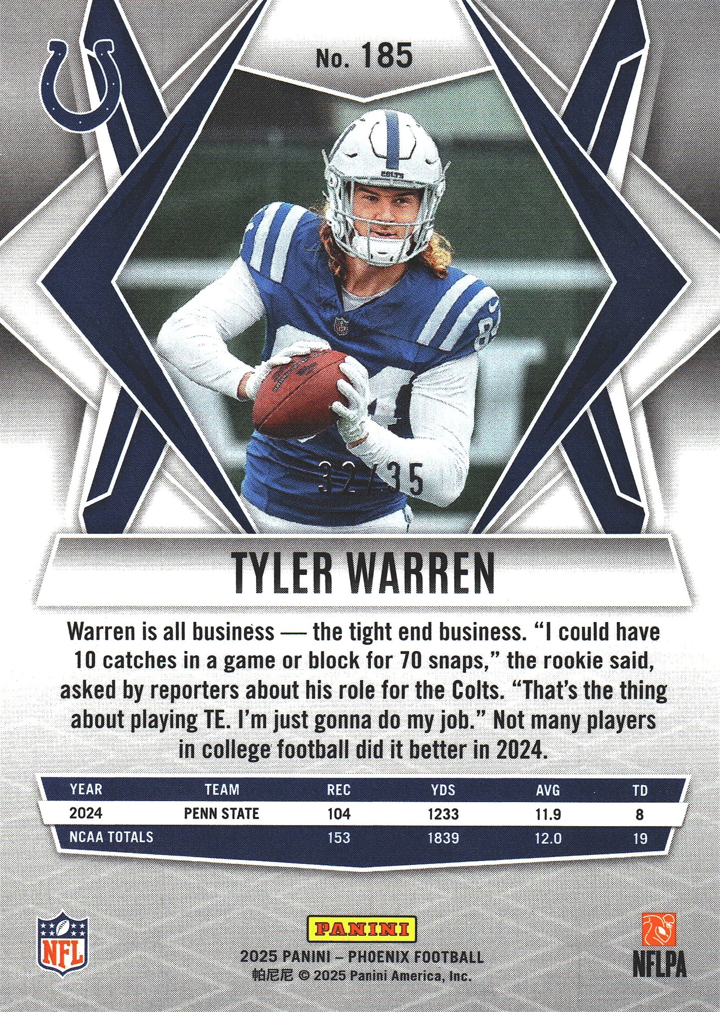 2025 Panini Phoenix Yellow Mojo Prizm /35 Tyler Warren RC #185 Indianapolis Colts
