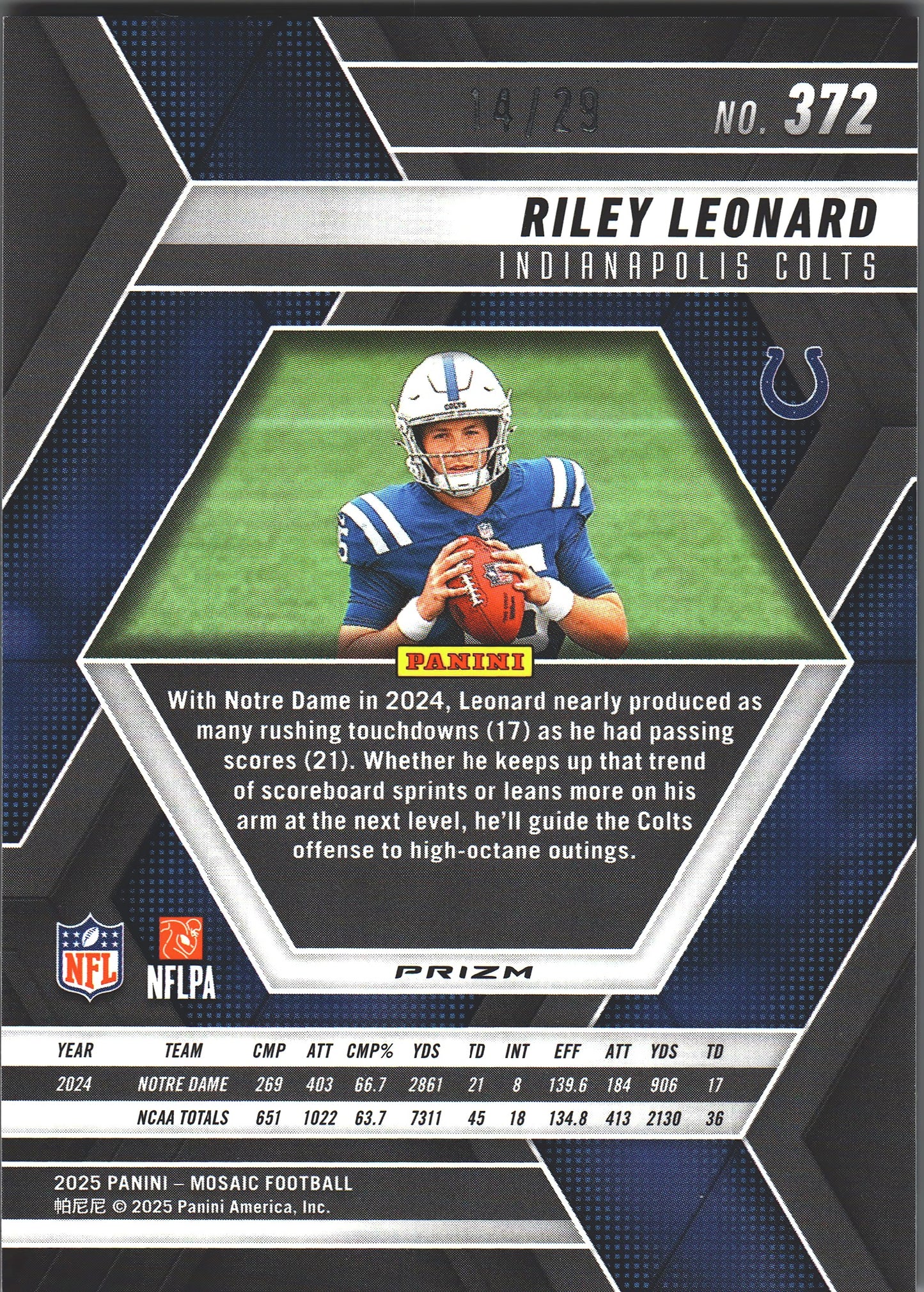 2025 Panini Mosaic Red Wave /29 Riley Leonard #372 Indianapolis Colts