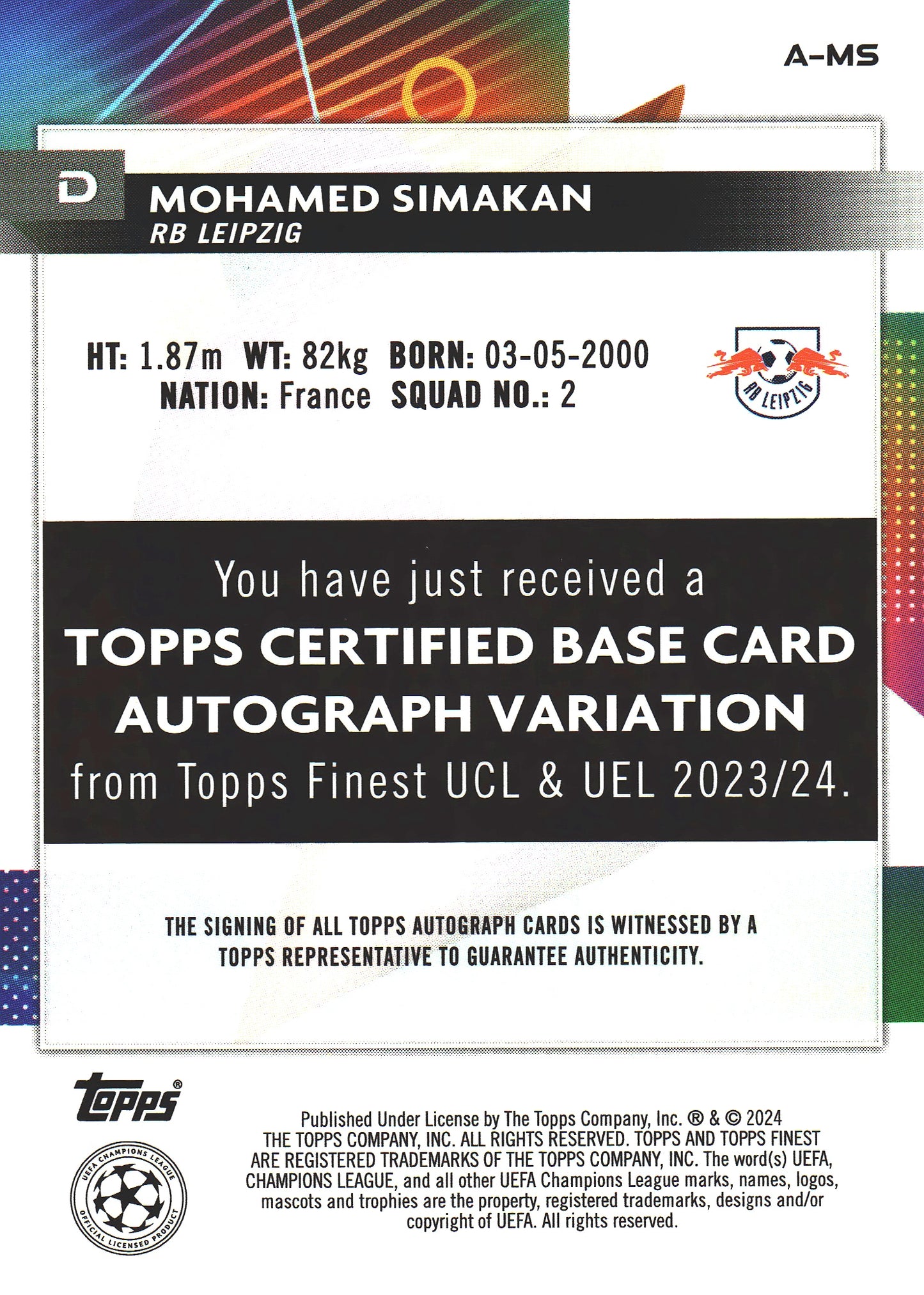 2023 Topps Finest Autograph Mohamed Simakan #A-MS RB Leipzig