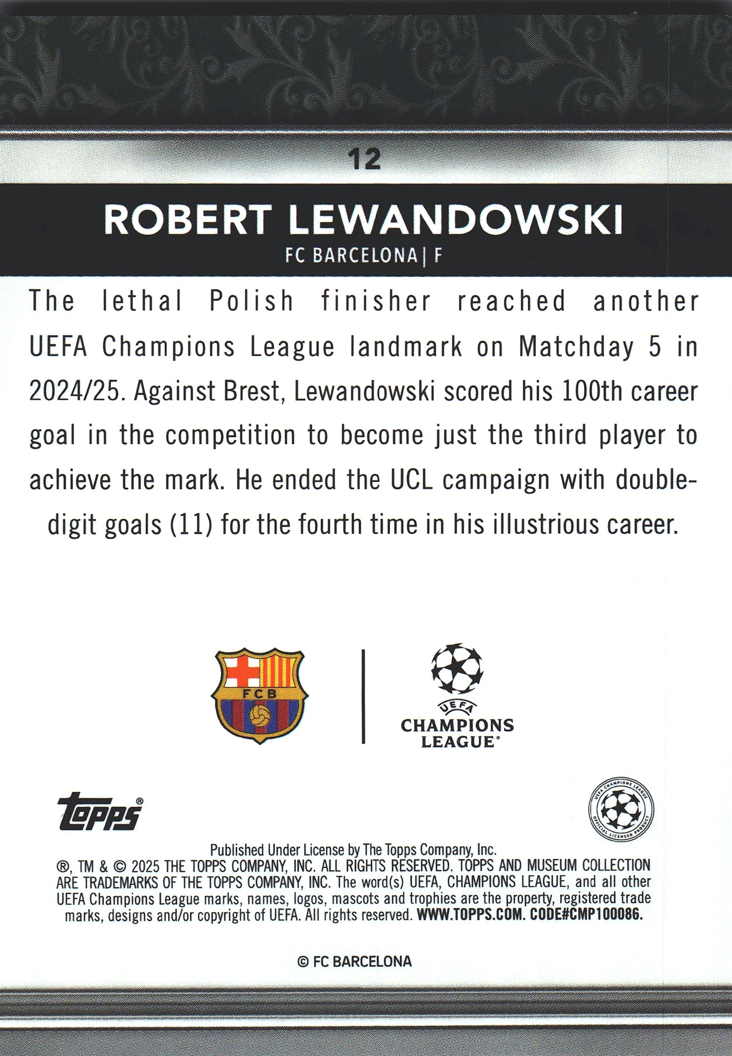 2024 Topps Museum Blue /75 Robert Lewandowski #12 FC Barcelona
