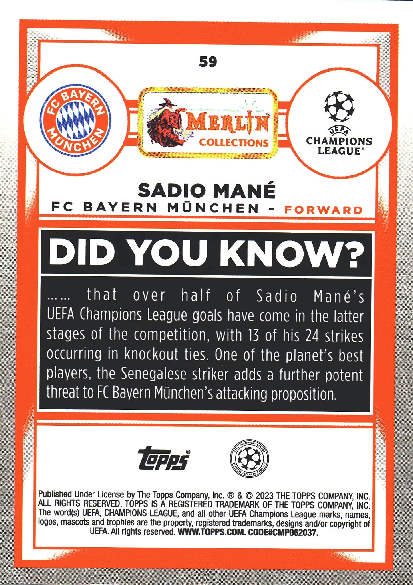 2022 Topps Merlin Aqua Prism Sadio Mane #59 Bayern Munich