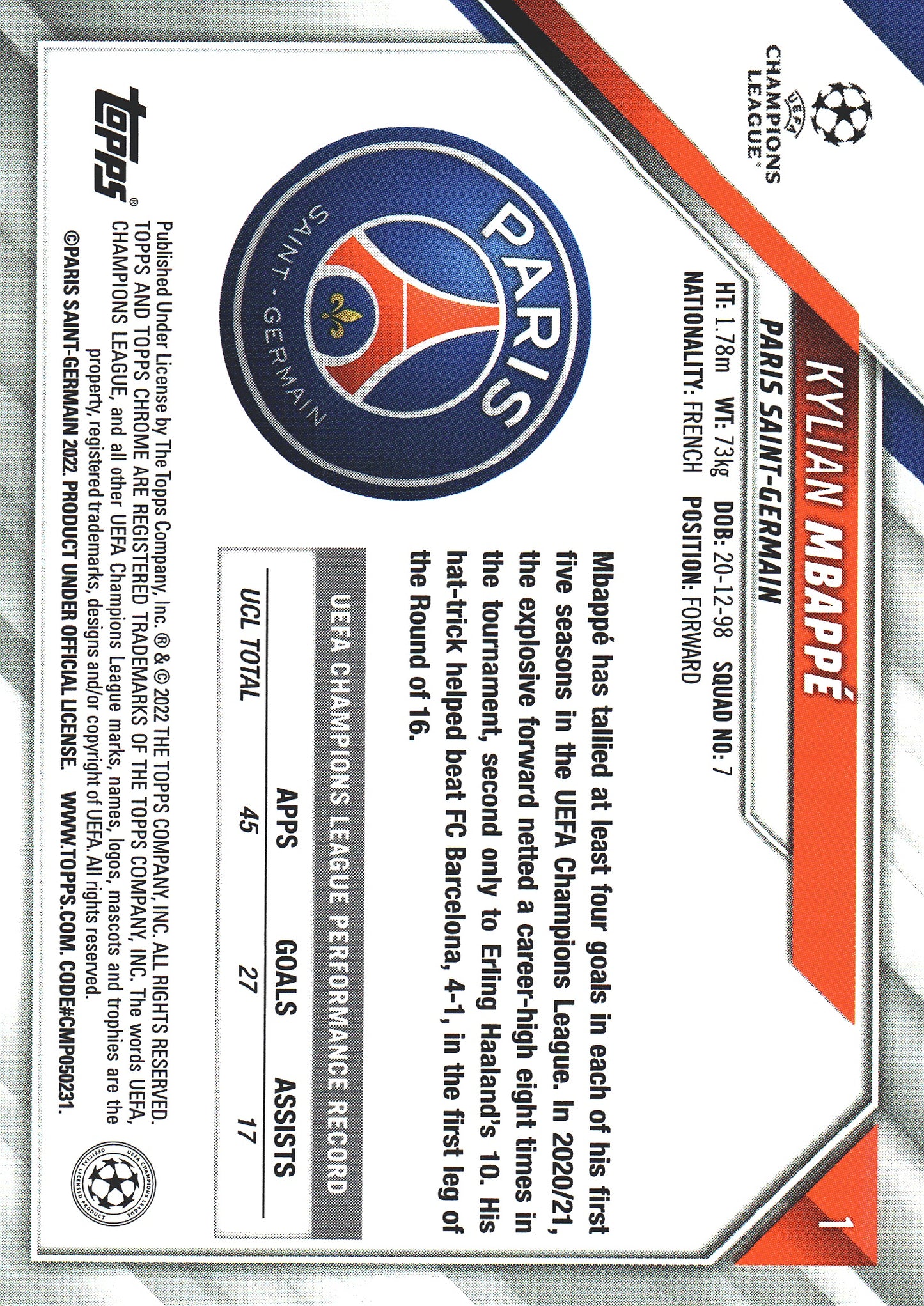 2021 Topps Chrome UCC Speckle Kylian Mbappe #1 Paris Saint-Germain