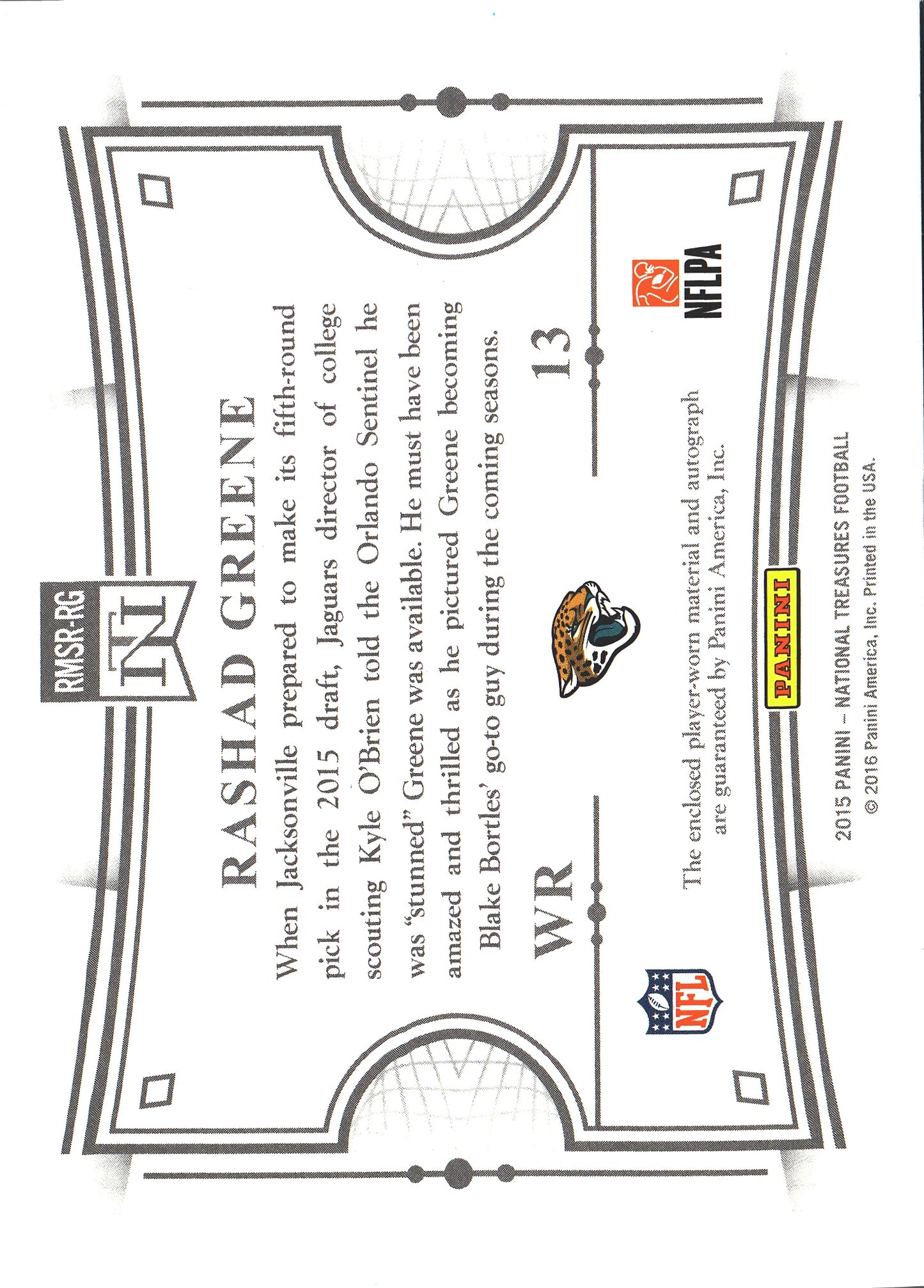 2015 Panini National Treasures RPA RC /99 Rashad Greene #RMSR-RG Jacksonville Jaguars