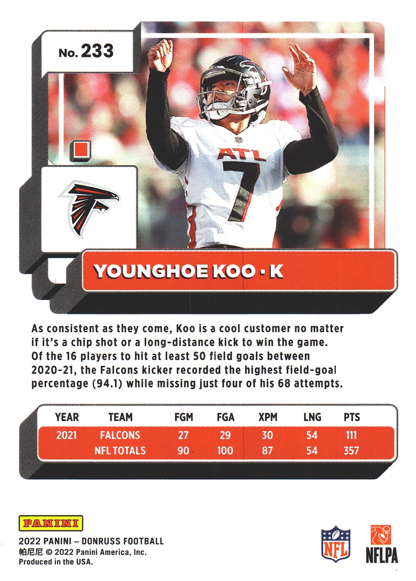 2022 Panini Donruss Red Press Proof Younghoe Koo #233 Atlanta Falcons
