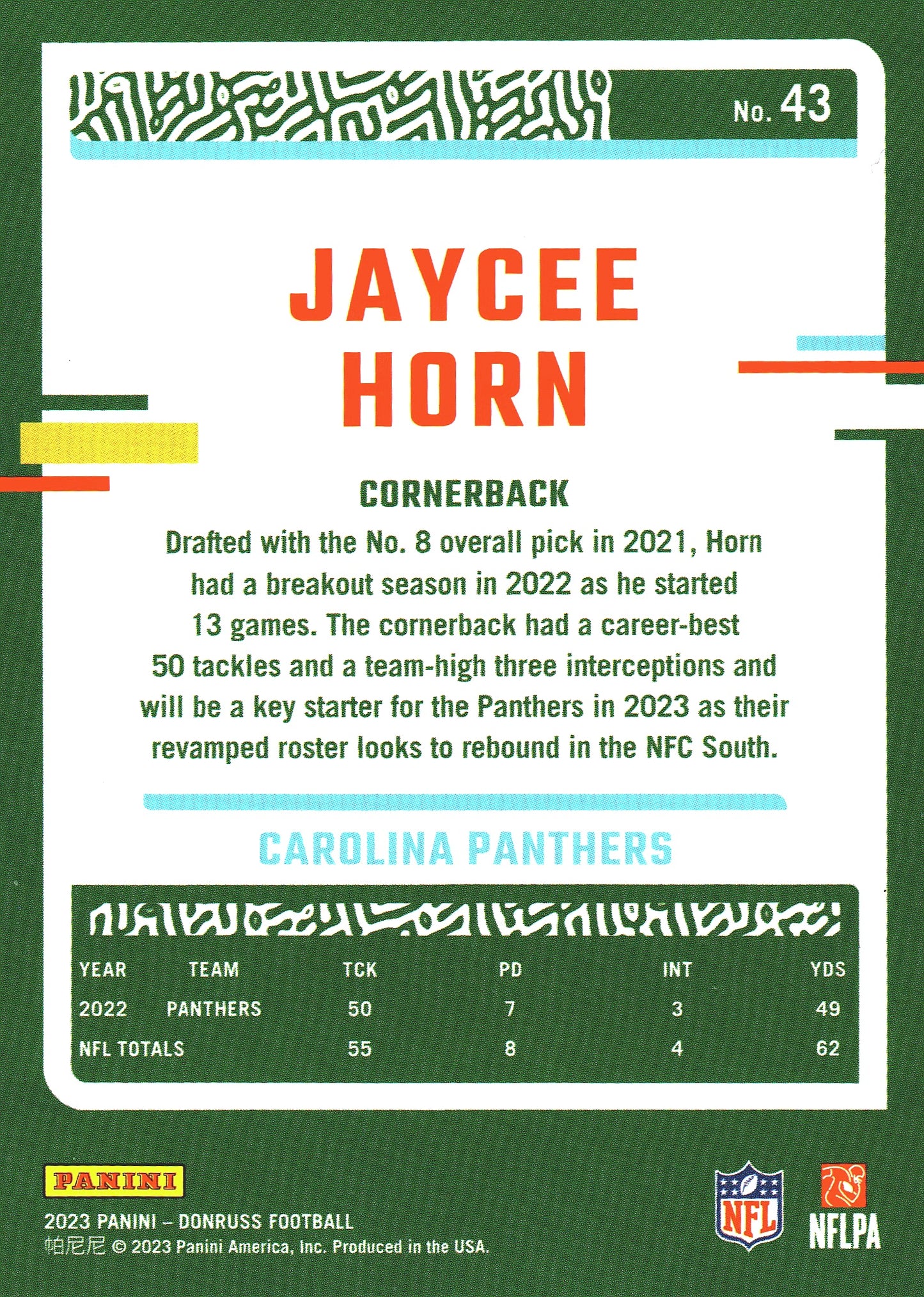 2023 Panini Donruss Jaycee Horn #43 Carolina Panthers