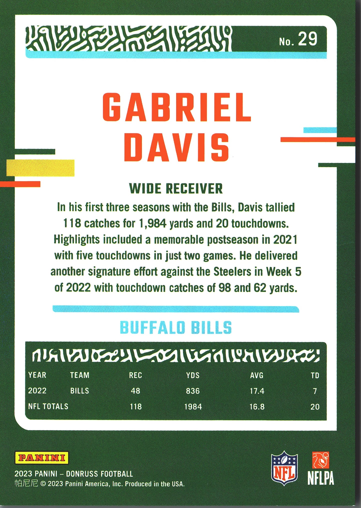 2023 Panini Donruss Purple /500 Gabriel Davis #29 Buffalo Bills