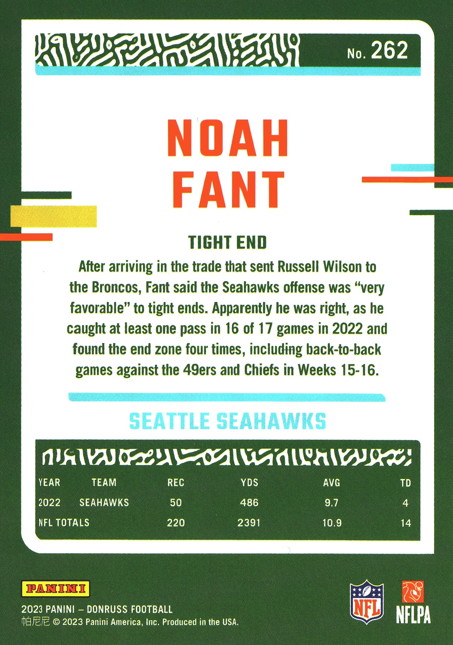 2023 Panini Donruss Purple /486 Noah Fant #262 Seattle Seahawks