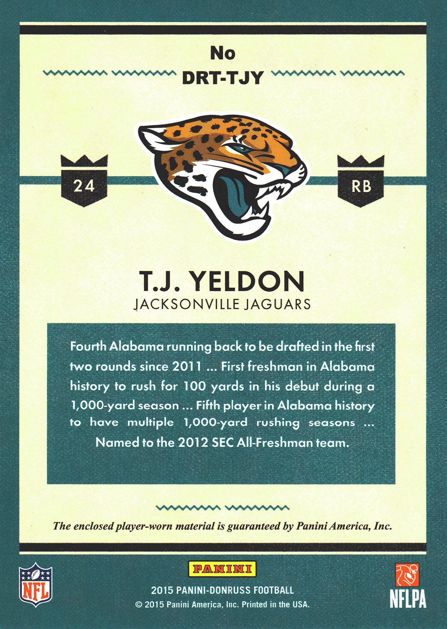 2015 Panini Donruss Rookie Threads Patch RC TJ Yeldon #DRT-TJY Jacksonville Jaguars