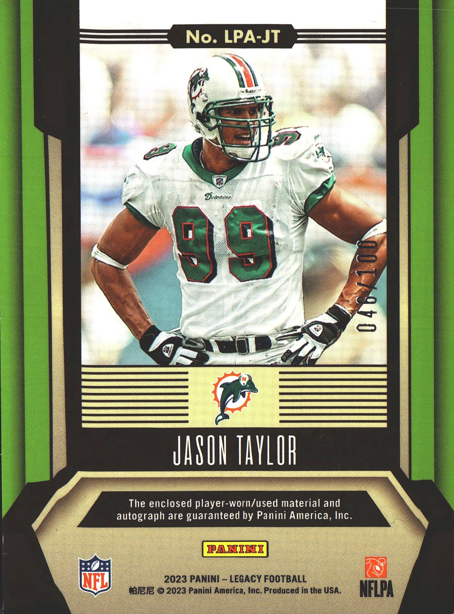 2023 Panini Legacy Patch Autograph Jason Taylor #LPA-JT Miami Dolphins