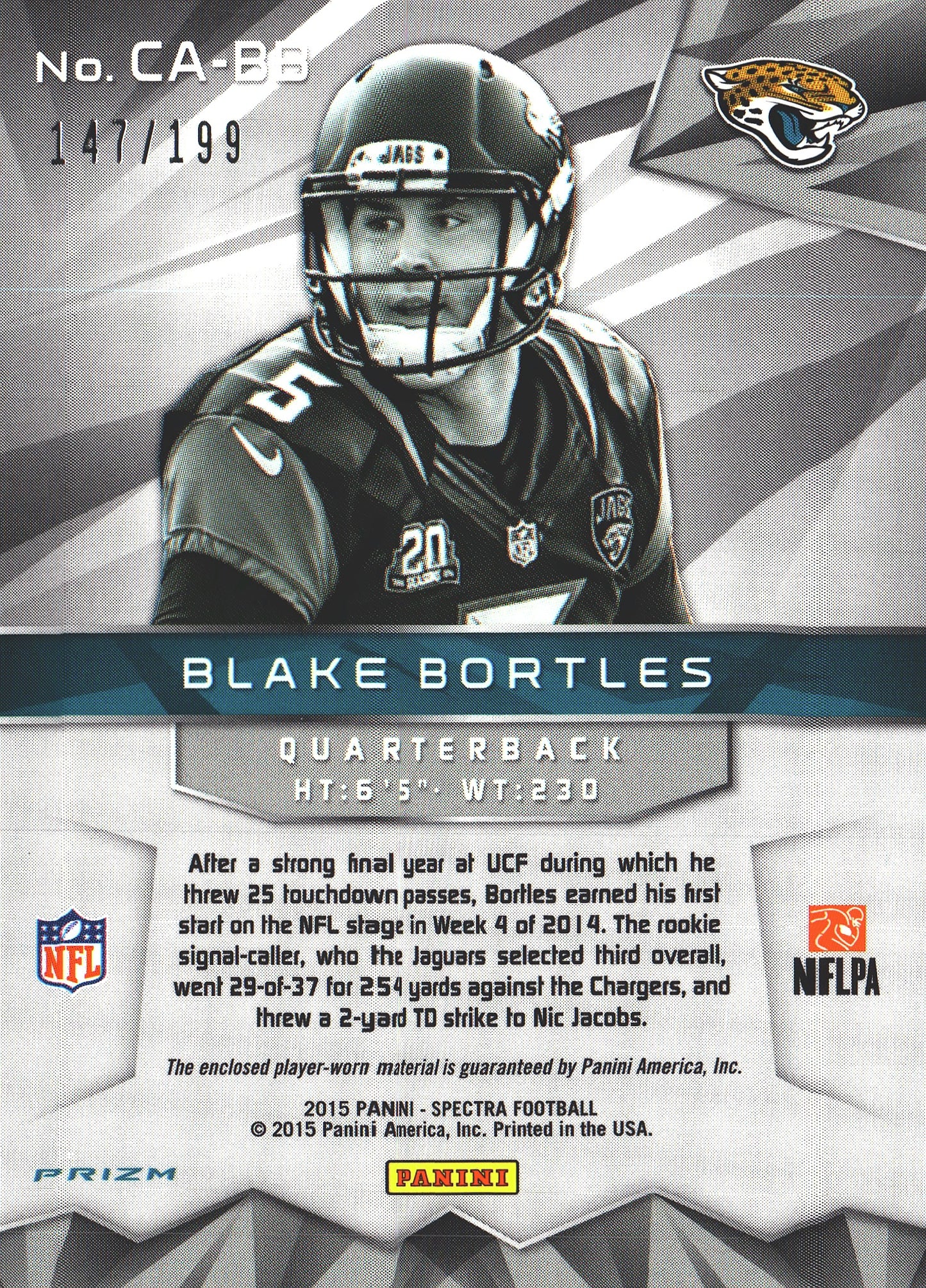 2015 Panini Spectra Patch /199 Blake Bortles #CA-BB Jacksonville Jaguars