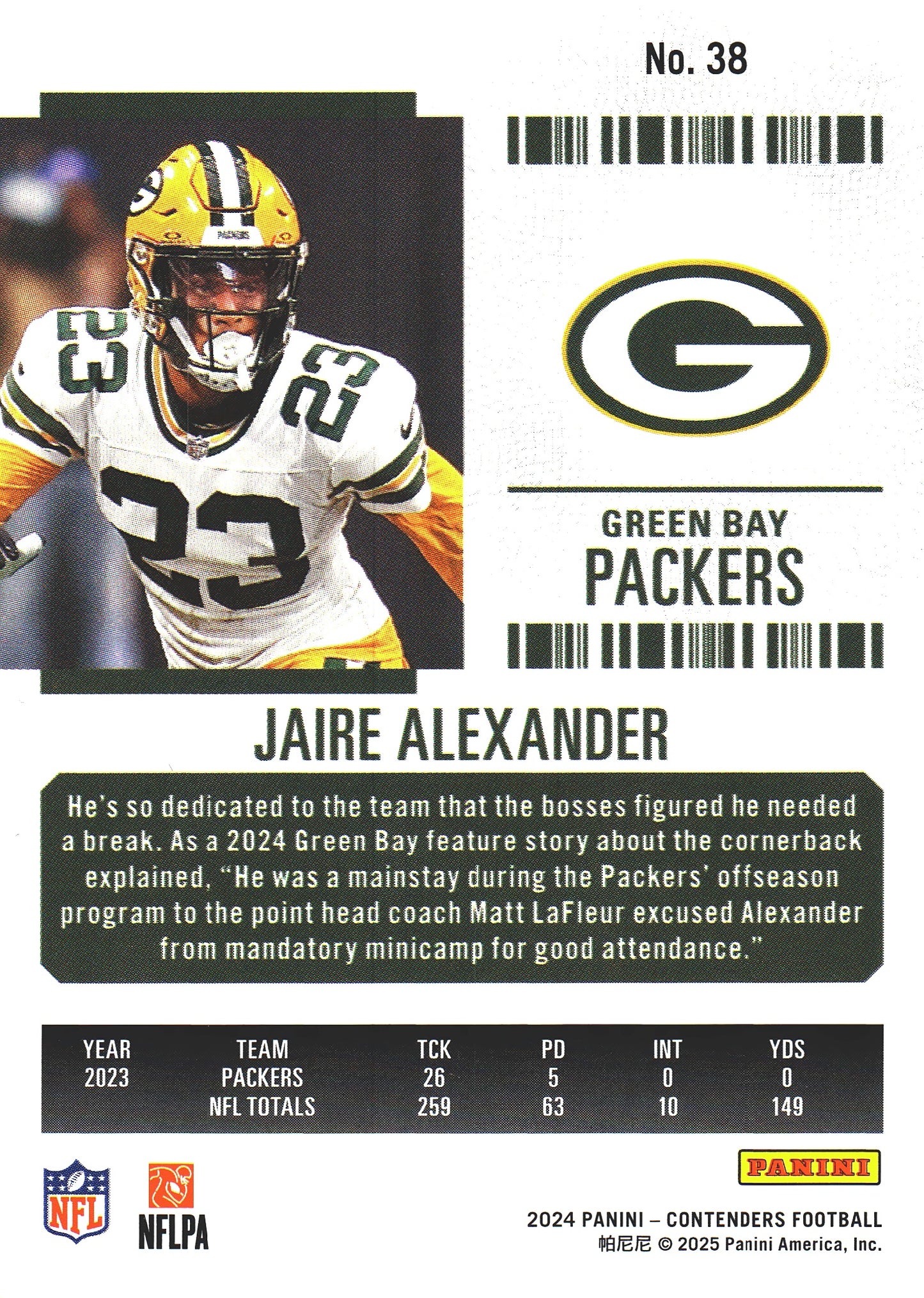 2024 Panini Contenders Mojo Jaire Alexander #38 Green Bay Packers