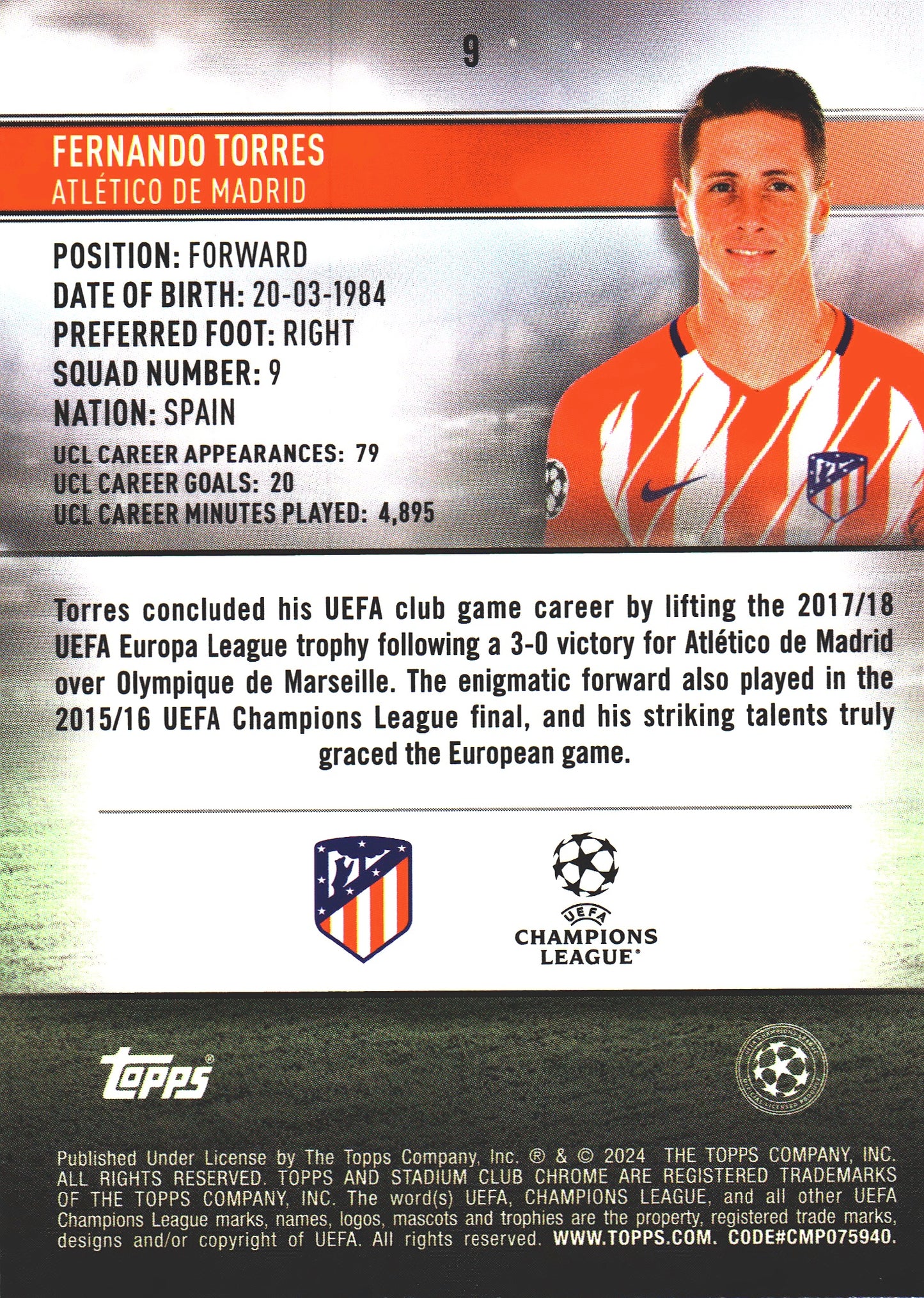 2023 Topps Chrome Stadium Club UCC Aqua Wave /250 Fernando Torres #9 Atletico Madrid
