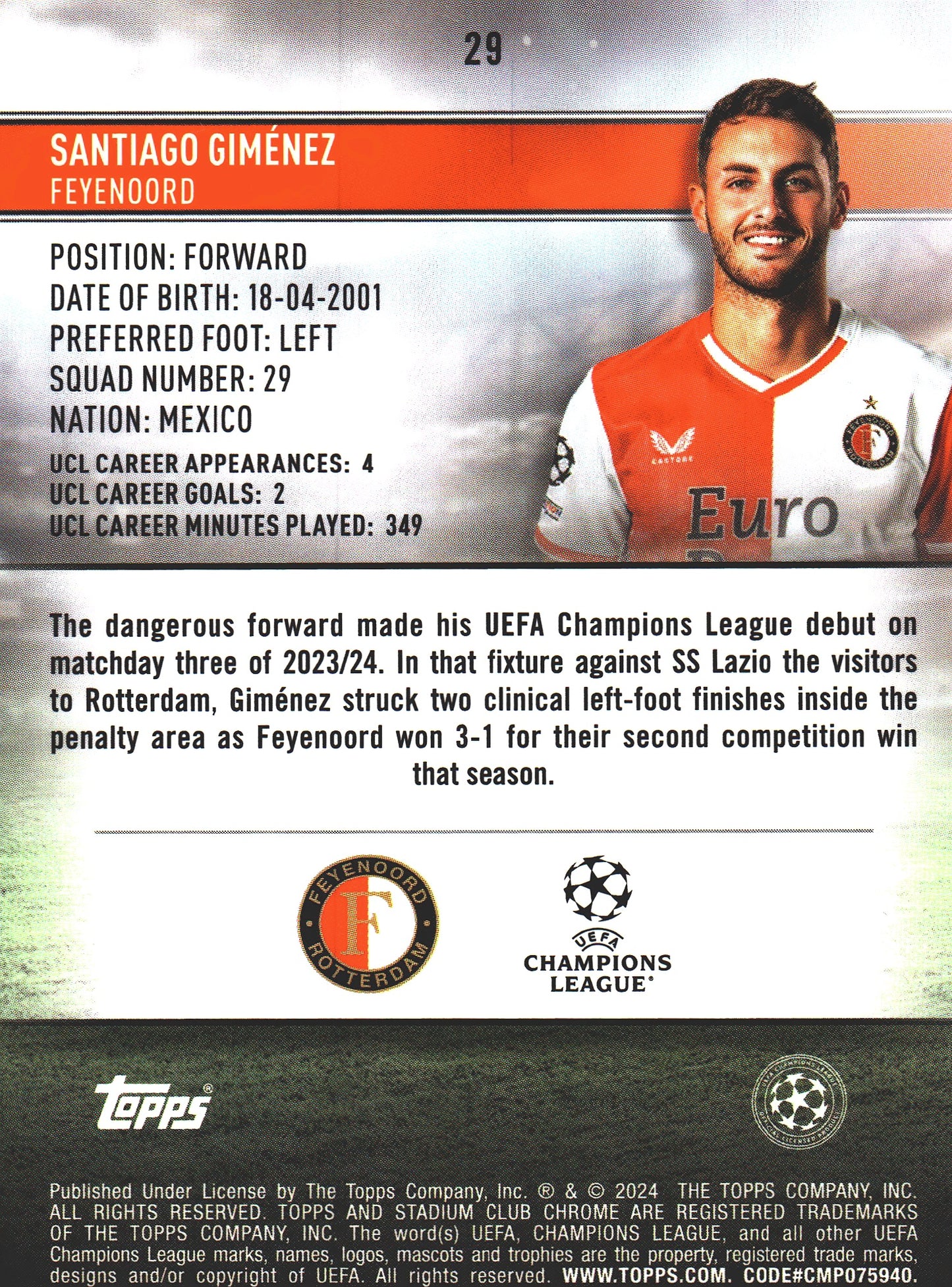 2023 Topps Chrome Stadium Club UCC Aqua Wave /250 Santiago Gimenez #29 Feyenoord