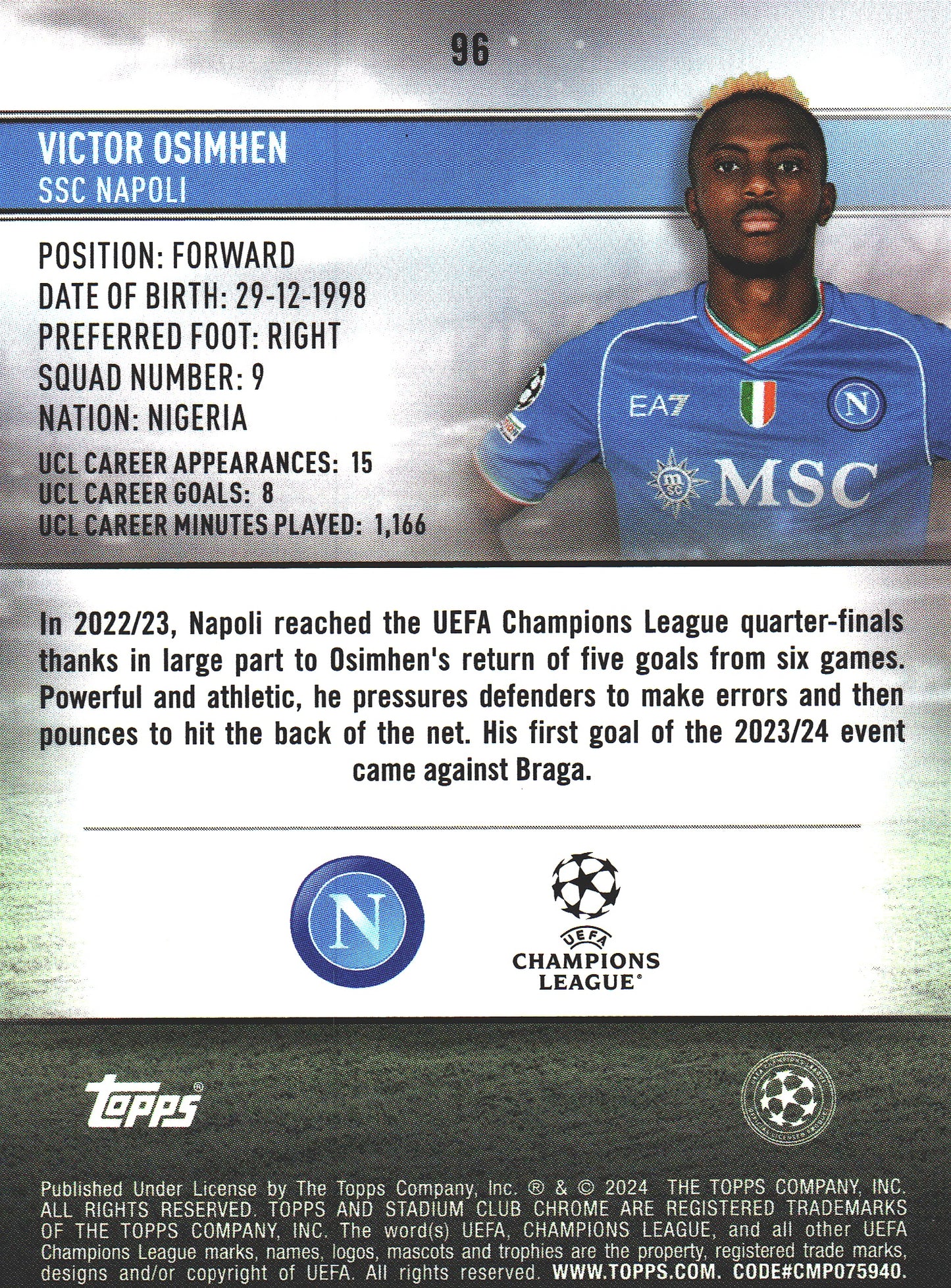 2023 Topps Chrome Stadium Club UCC Aqua Wave /250 Victor Osimhen #96 Napoli